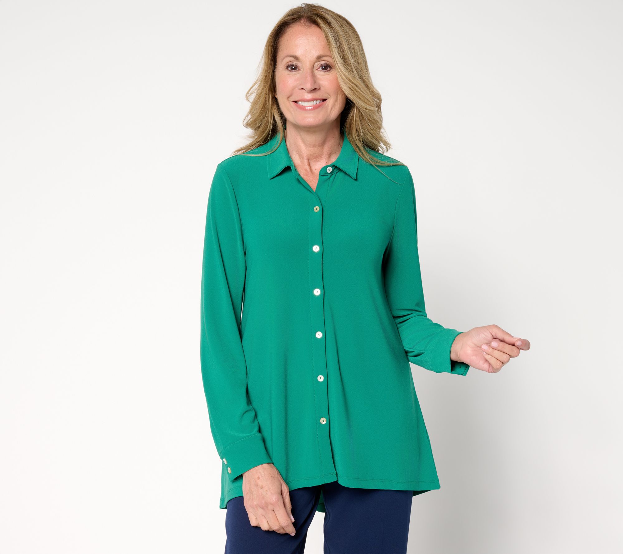 Dennis Basso Caviar Crepe Knit Button Front Big Shirt w/ Hi-Low Hem