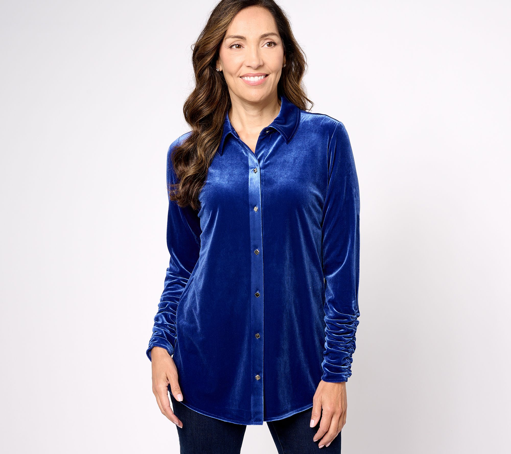 Susan Graver Regular Knit Velvet Button Front Long Sleeve Shirt