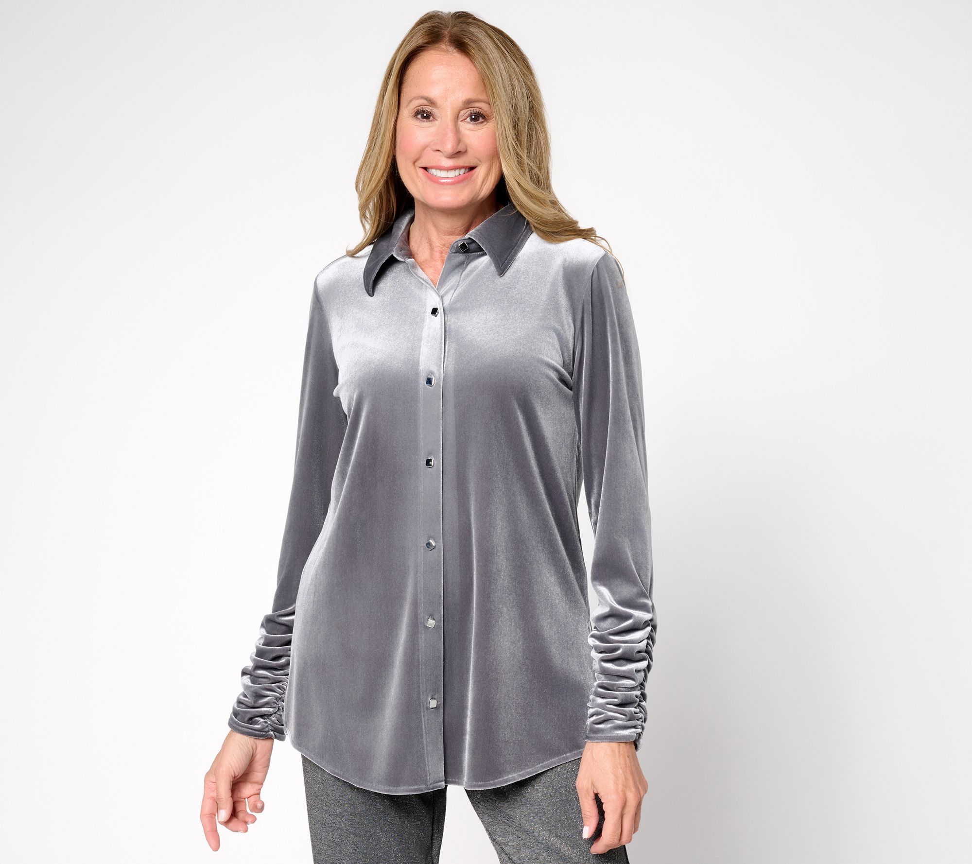 Susan Graver Regular Knit Velvet Button Front Long Sleeve Shirt