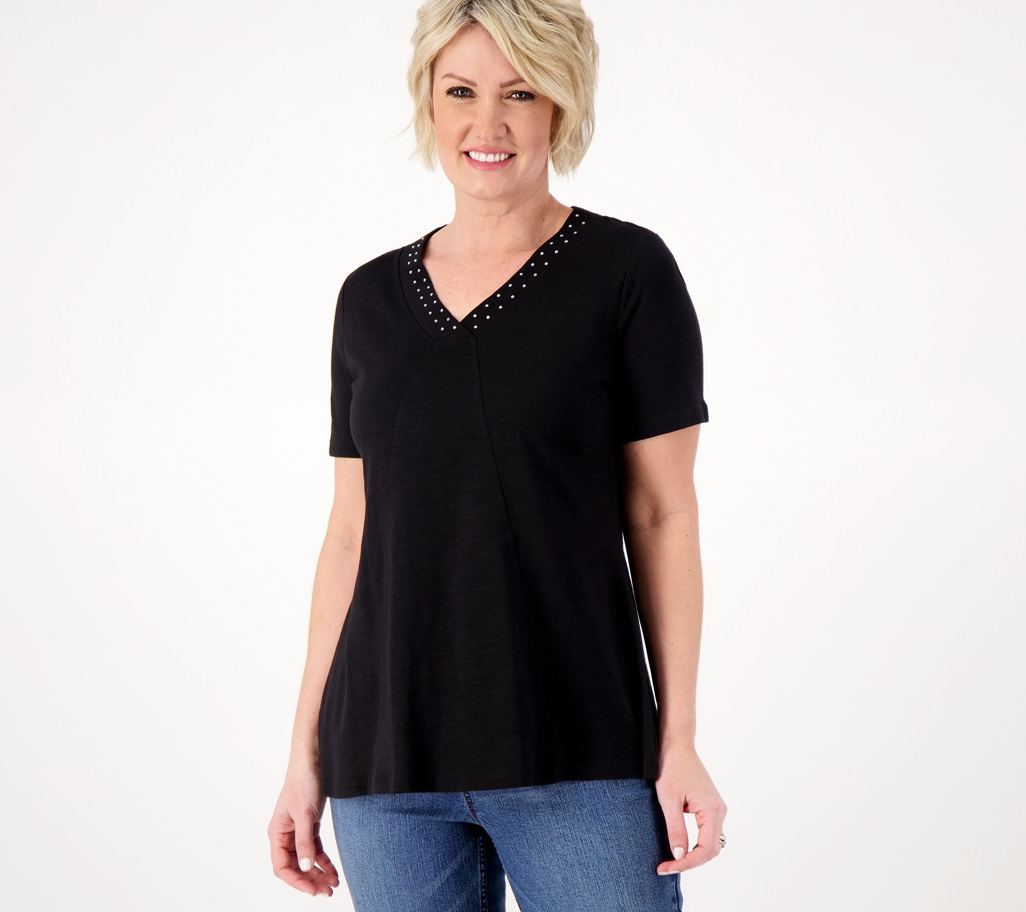 "As Is" Quacker Factory Rhinestuds Short Sleeve Swing Top