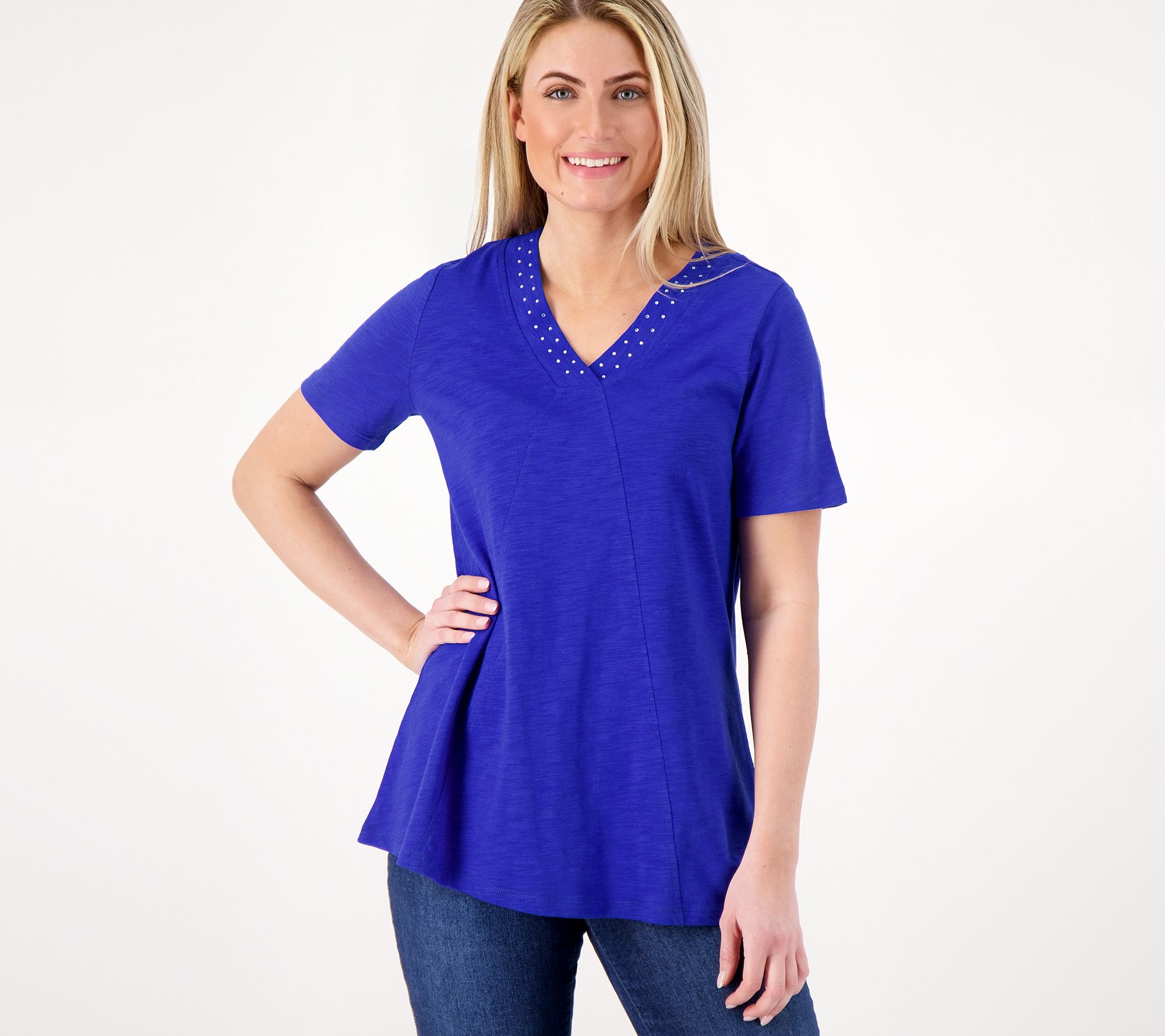 "As Is" Quacker Factory Rhinestuds Short Sleeve Swing Top