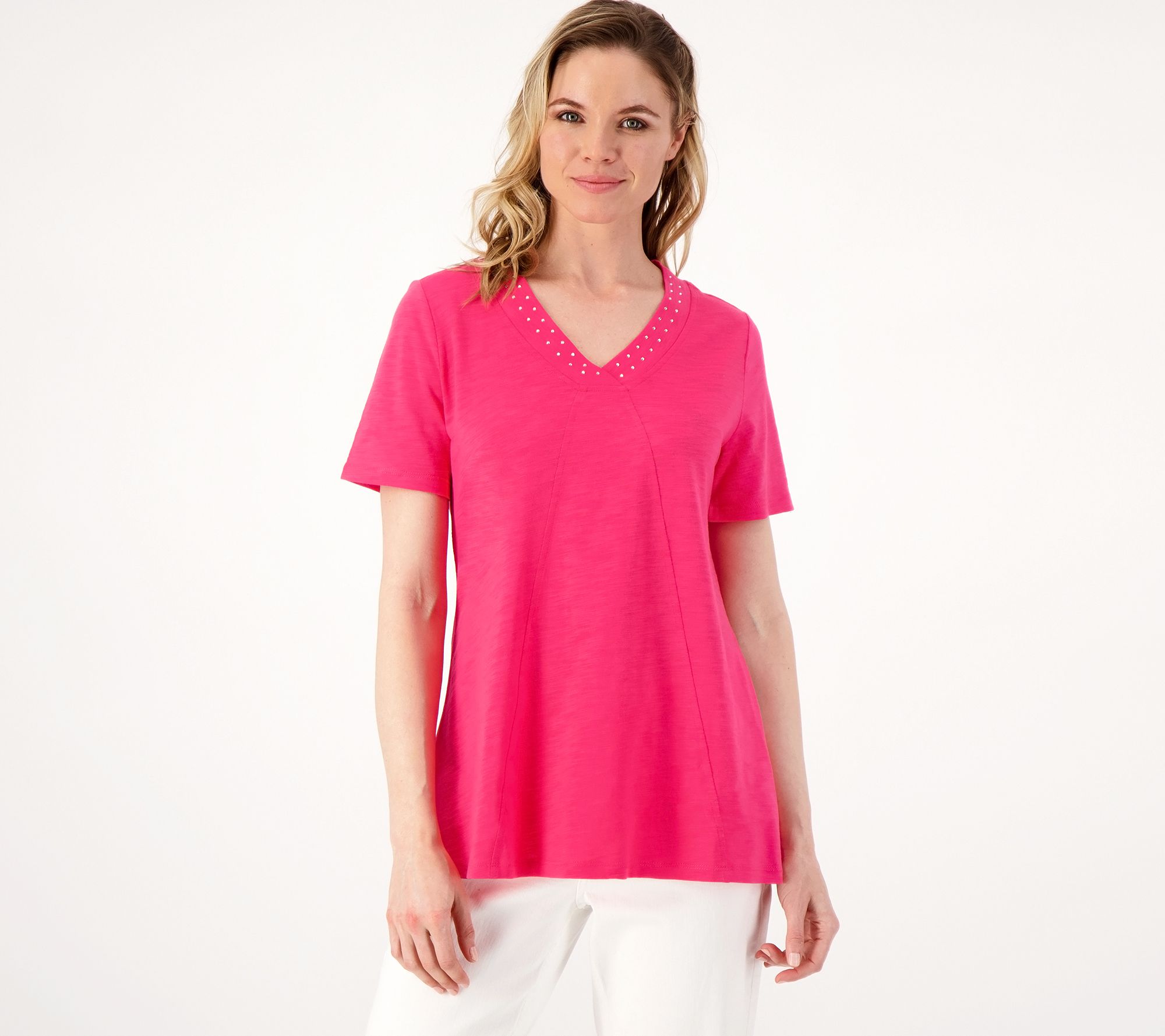 "As Is" Quacker Factory Rhinestuds Short Sleeve Swing Top