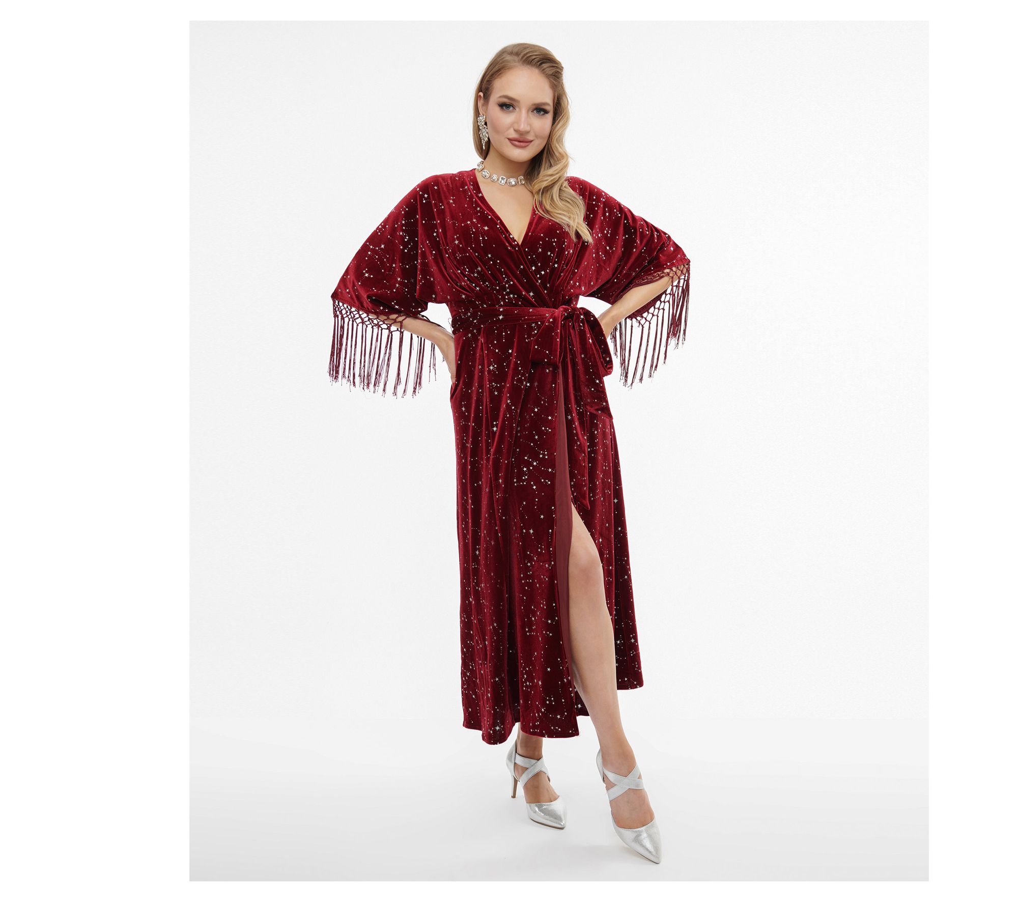 Unique Vintage Navy & Silver Stars Velvet Wrap Midi Dress