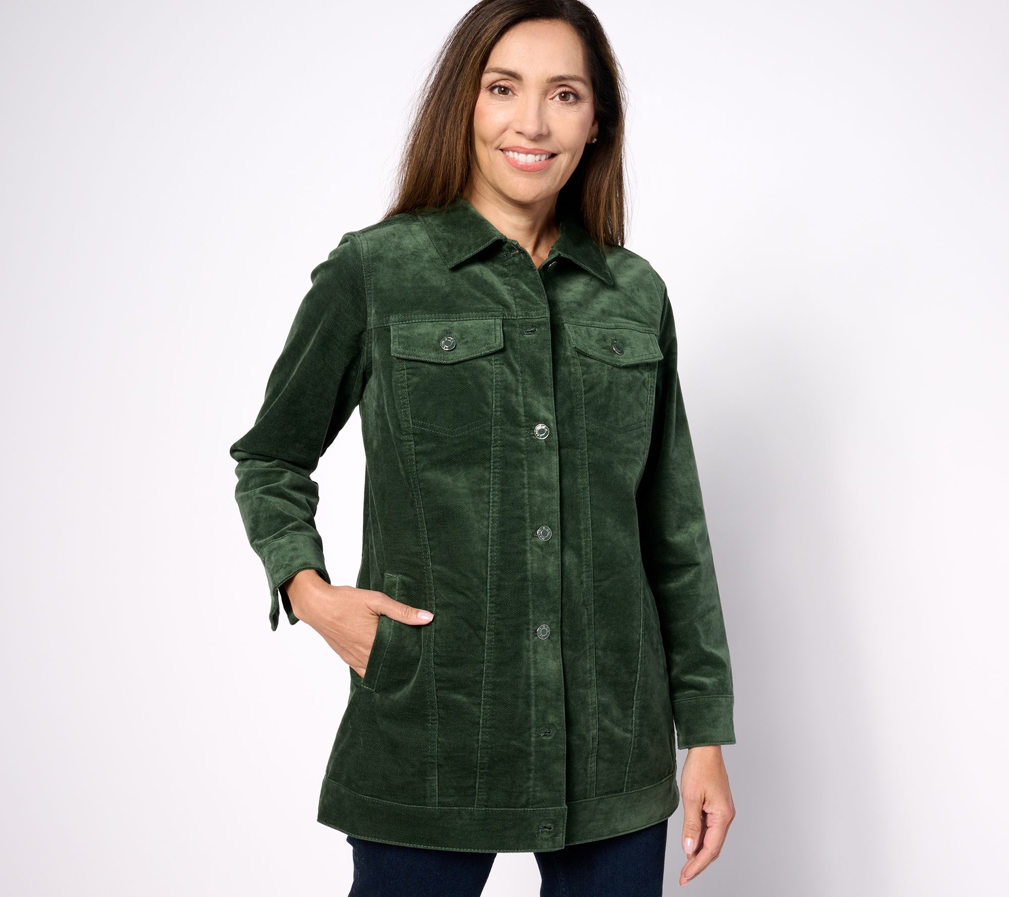 "As Is" Denim & Co. Stretch Velveteen Regular Long Jacket