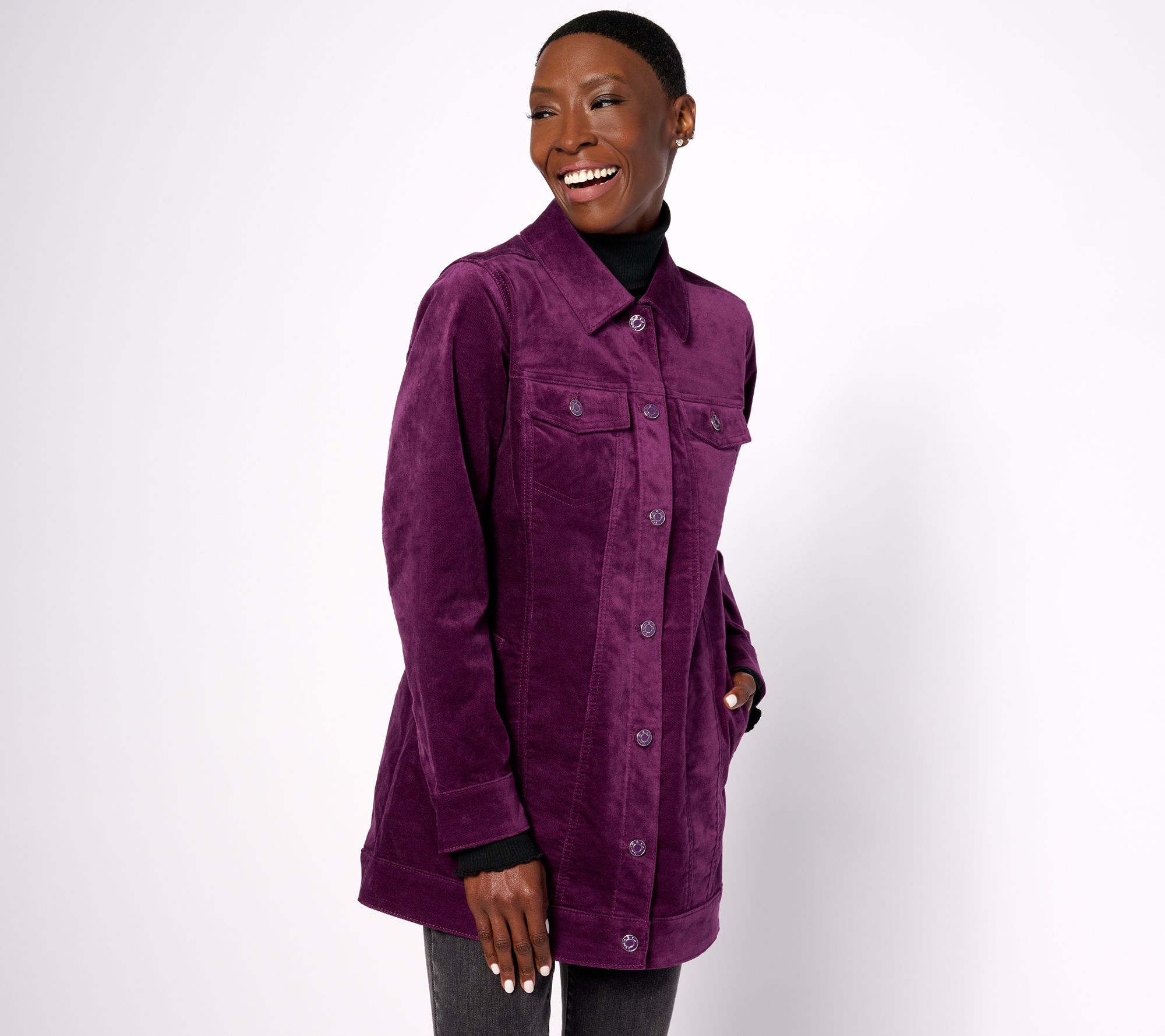 "As Is" Denim & Co. Stretch Velveteen Regular Long Jacket