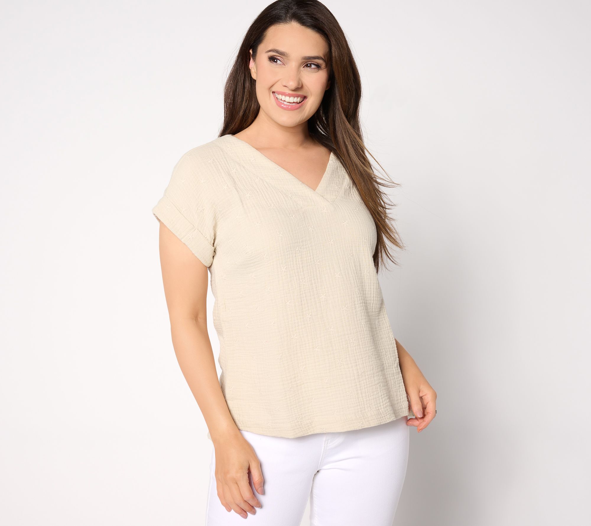 Belle Beach by Kim Gravel Star Spangled Cotton Gauze V-Neck Top