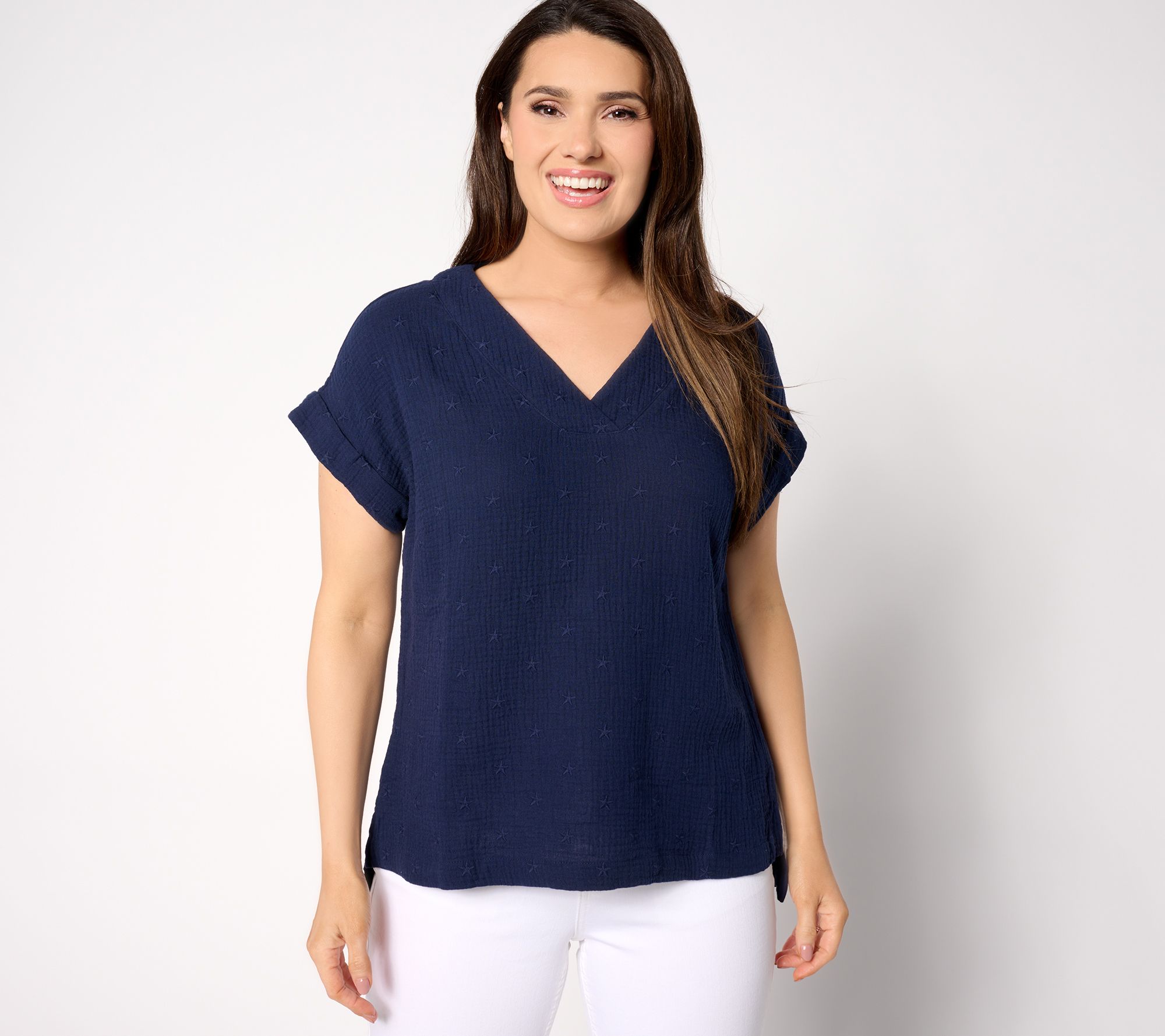 Belle Beach by Kim Gravel Star Spangled Cotton Gauze V-Neck Top