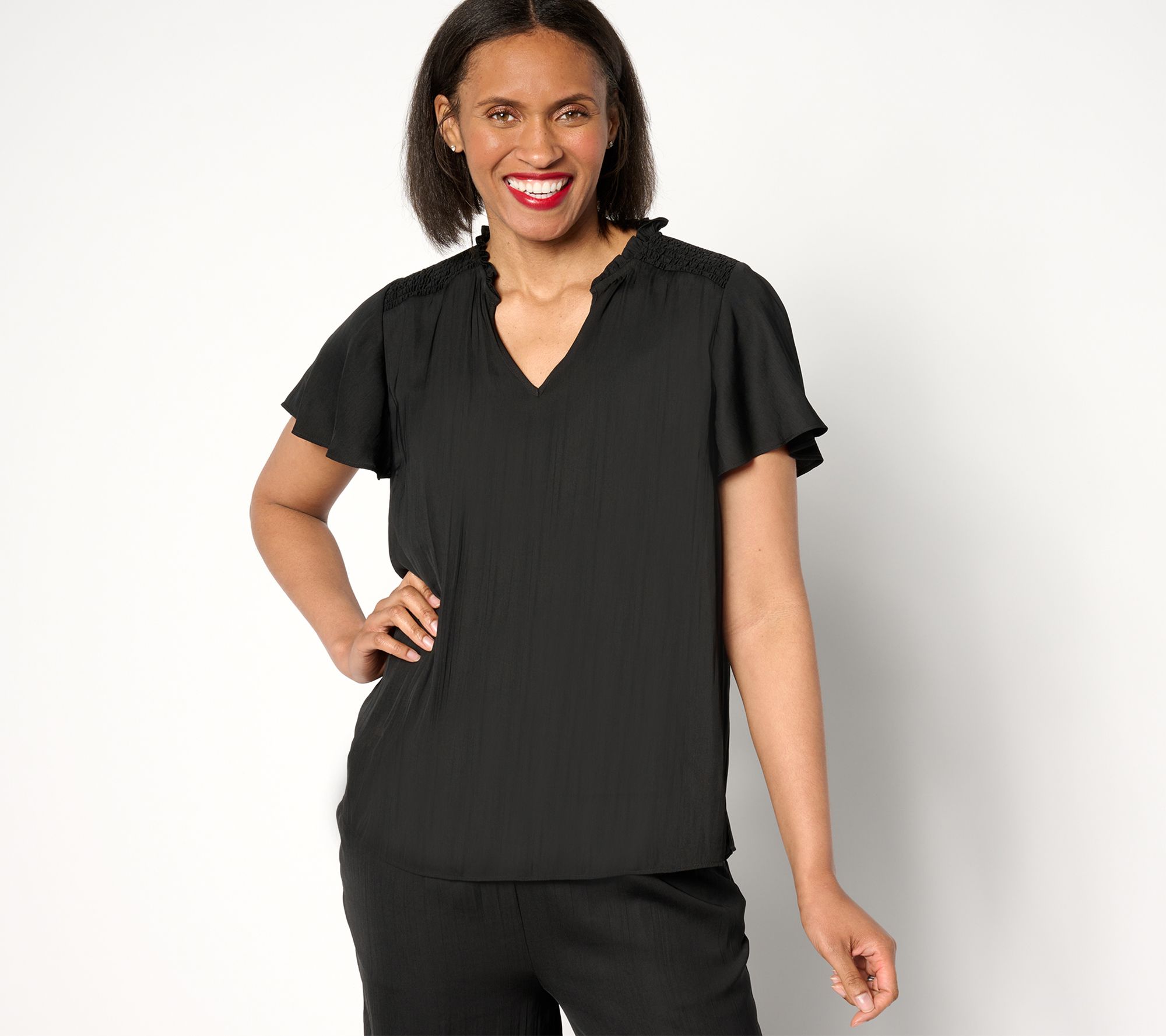 Isaac Mizrahi Live! Crinkle Satin Blouse with Smocking Detail