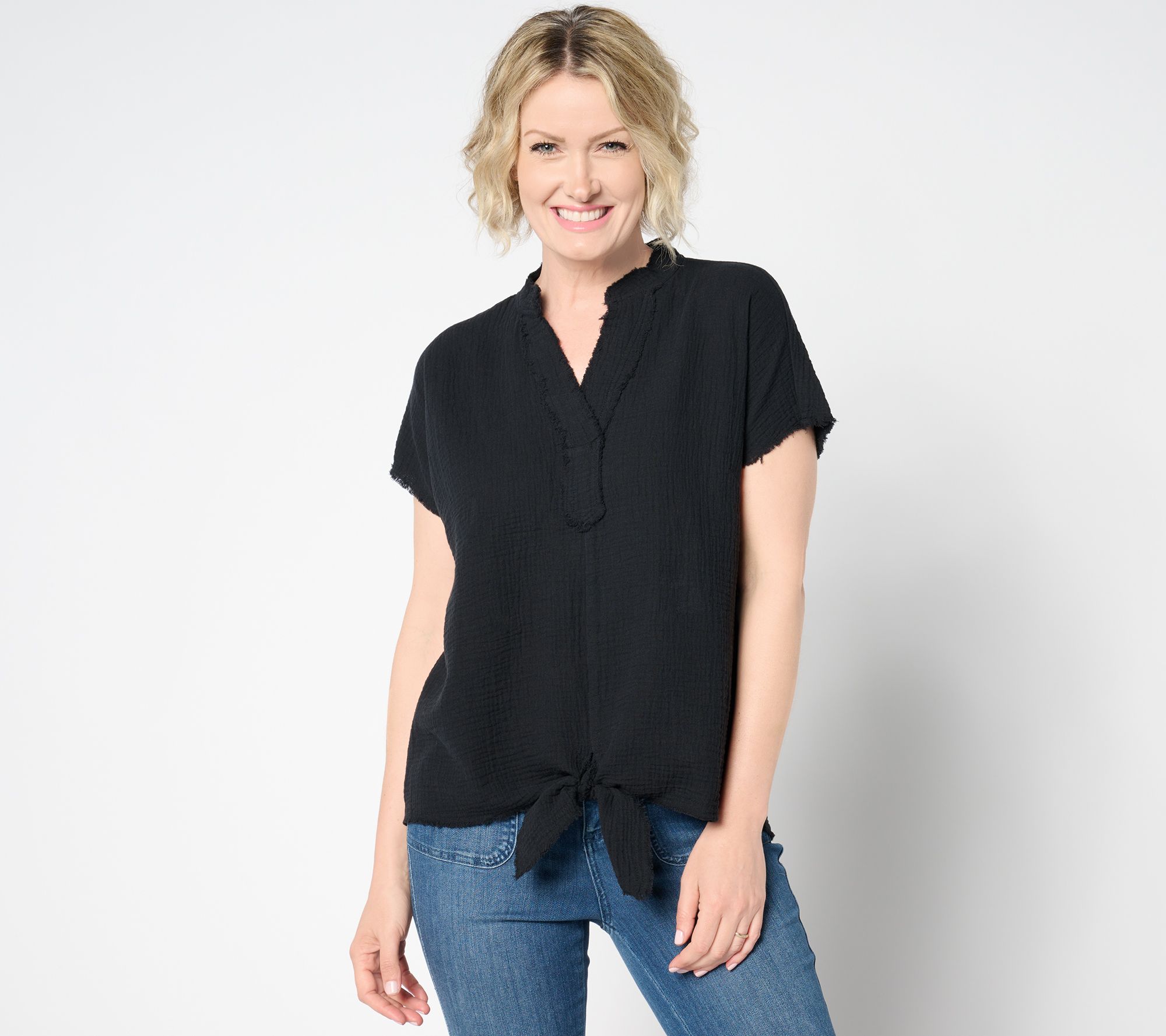 Belle by Kim Gravel Cotton Gauze Tie Front Frayed Edge Popover