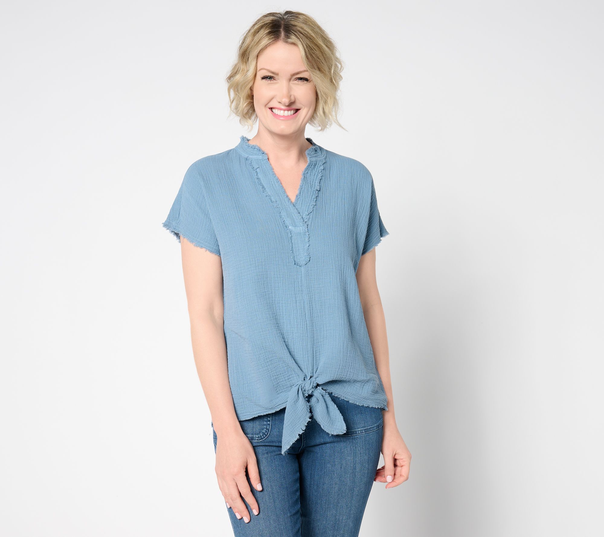 Belle by Kim Gravel Cotton Gauze Tie Front Frayed Edge Popover