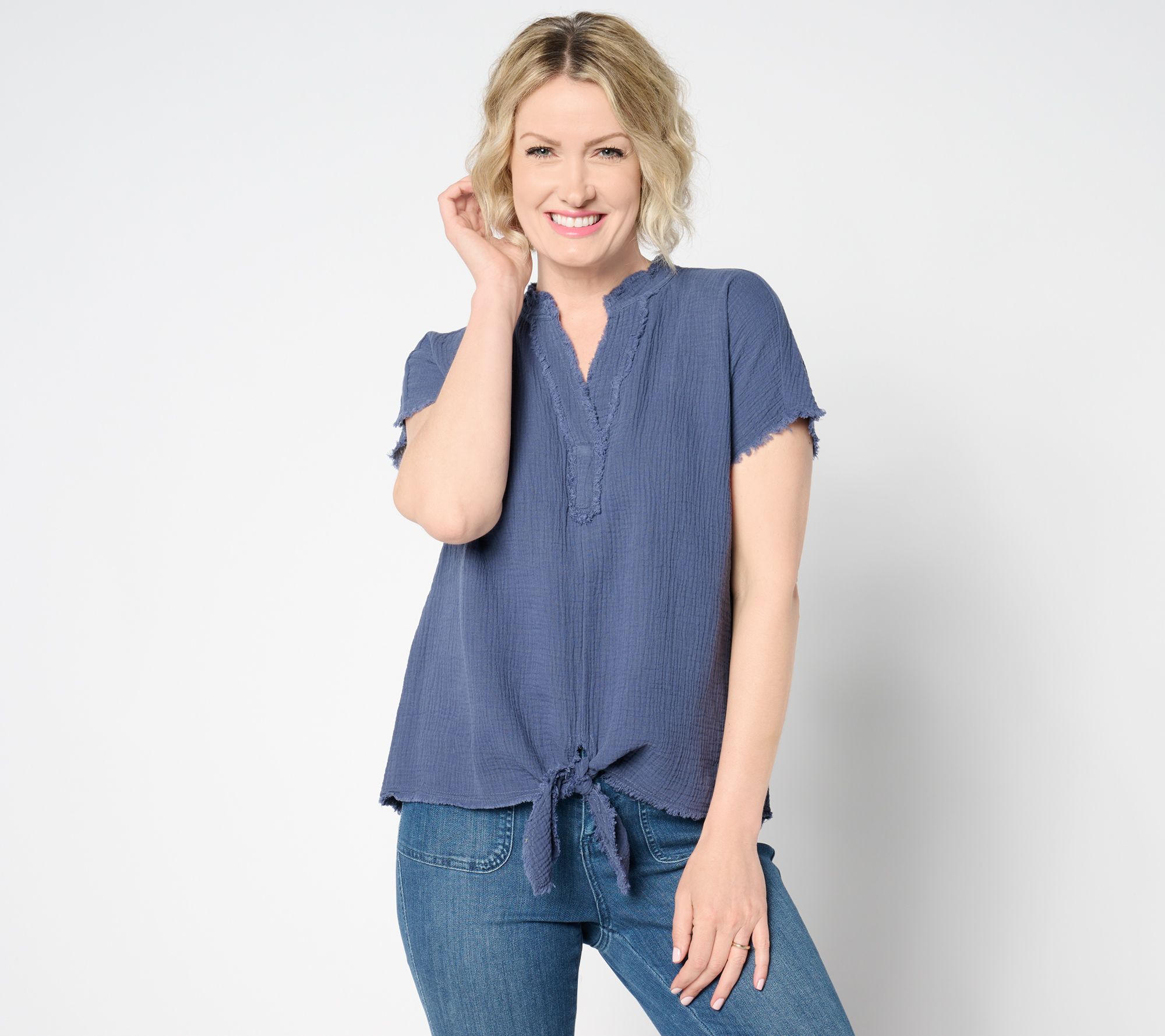 Belle by Kim Gravel Cotton Gauze Tie Front Frayed Edge Popover