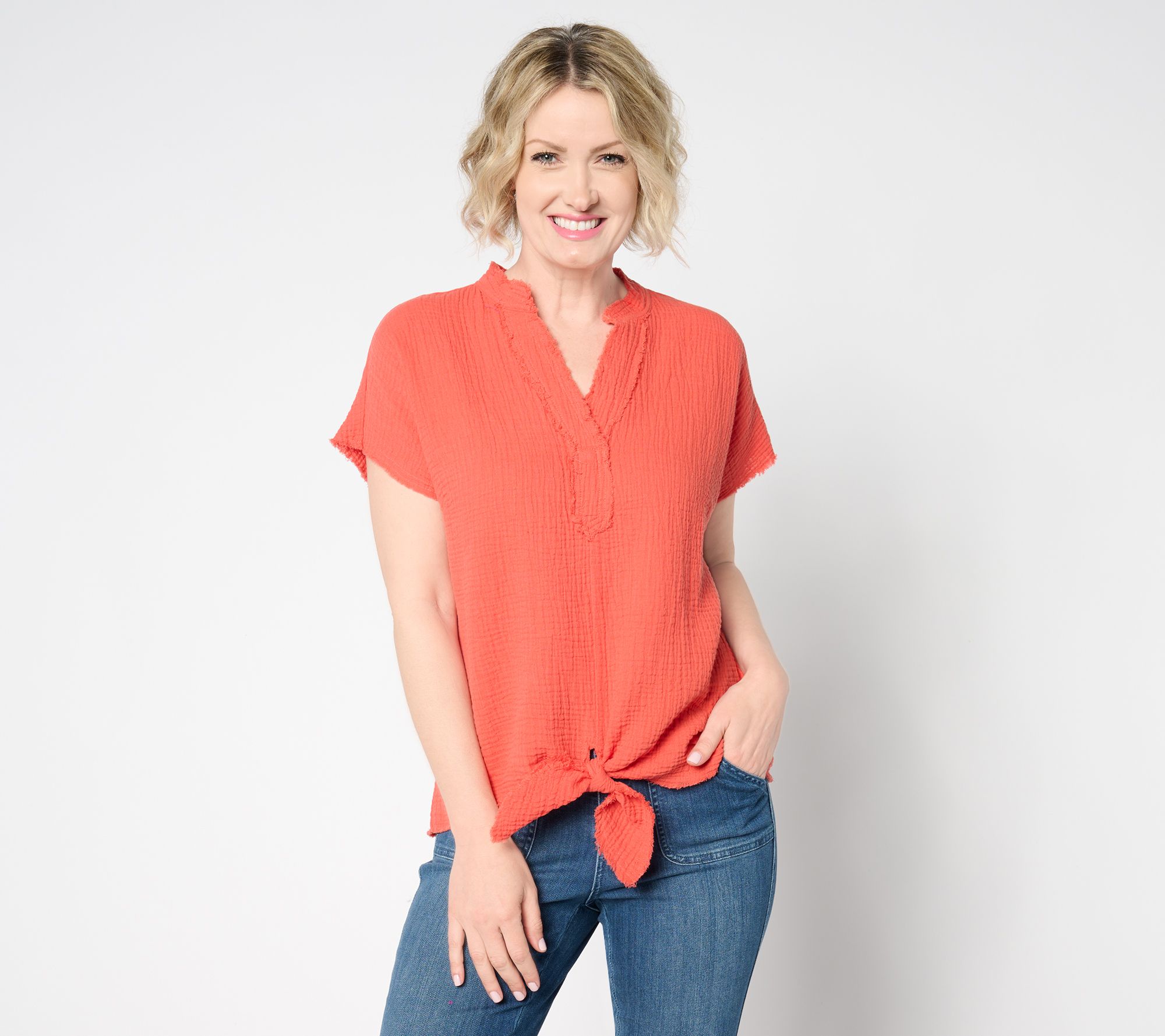 Belle by Kim Gravel Cotton Gauze Tie Front Frayed Edge Popover