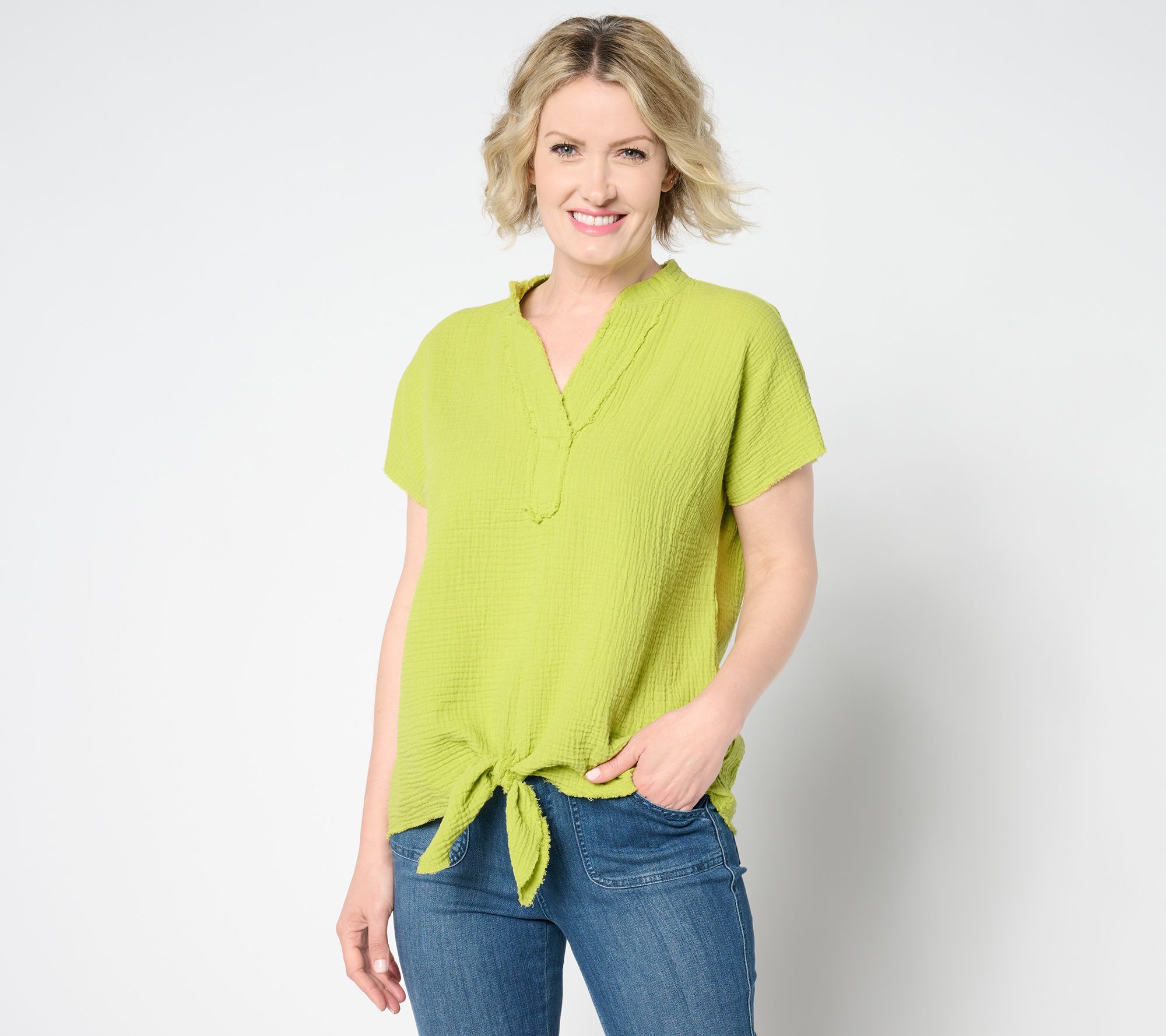 Belle by Kim Gravel Cotton Gauze Tie Front Frayed Edge Popover