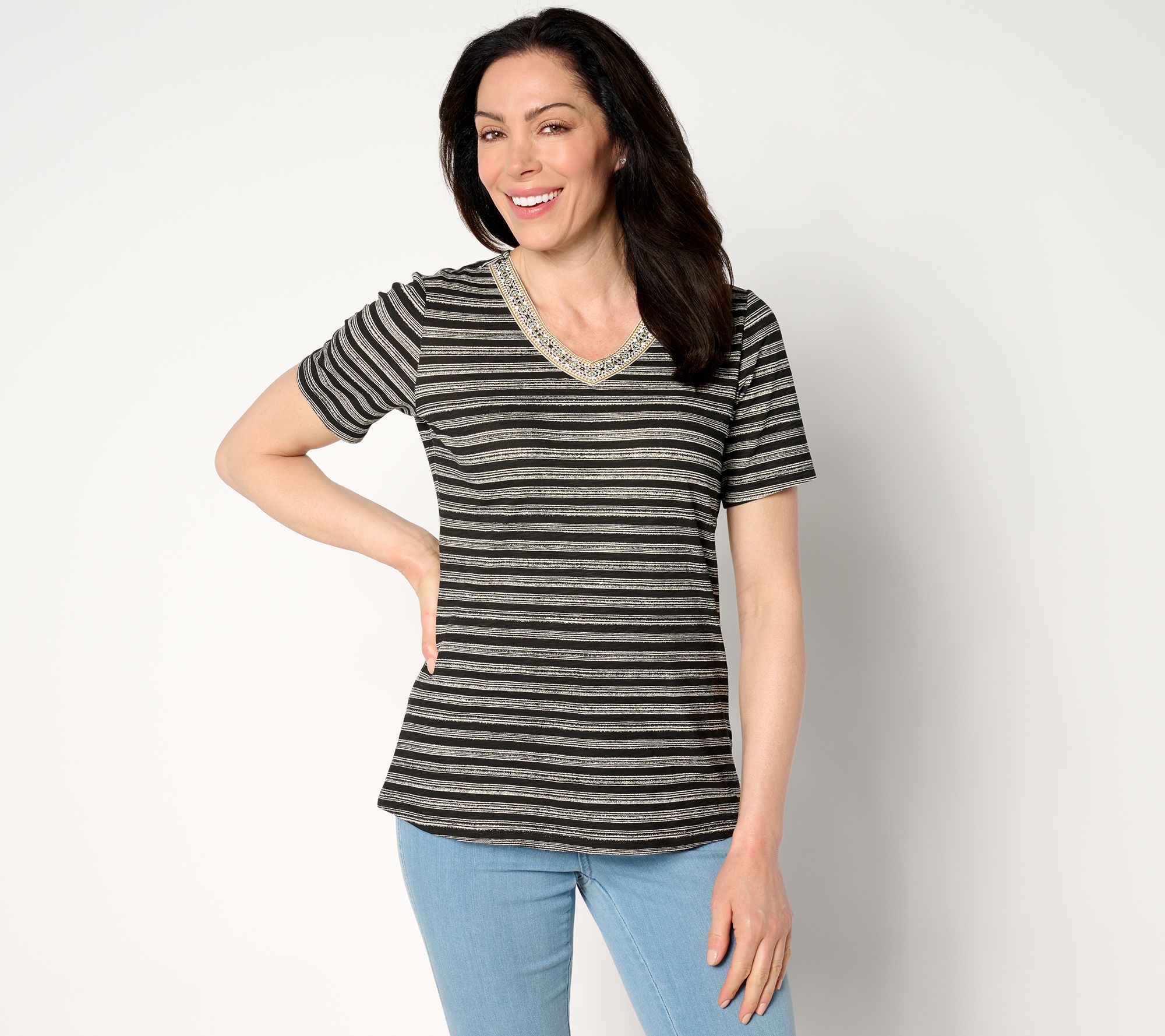 Denim & Co. Printed Texture Knit Embroidered V-Neck Top