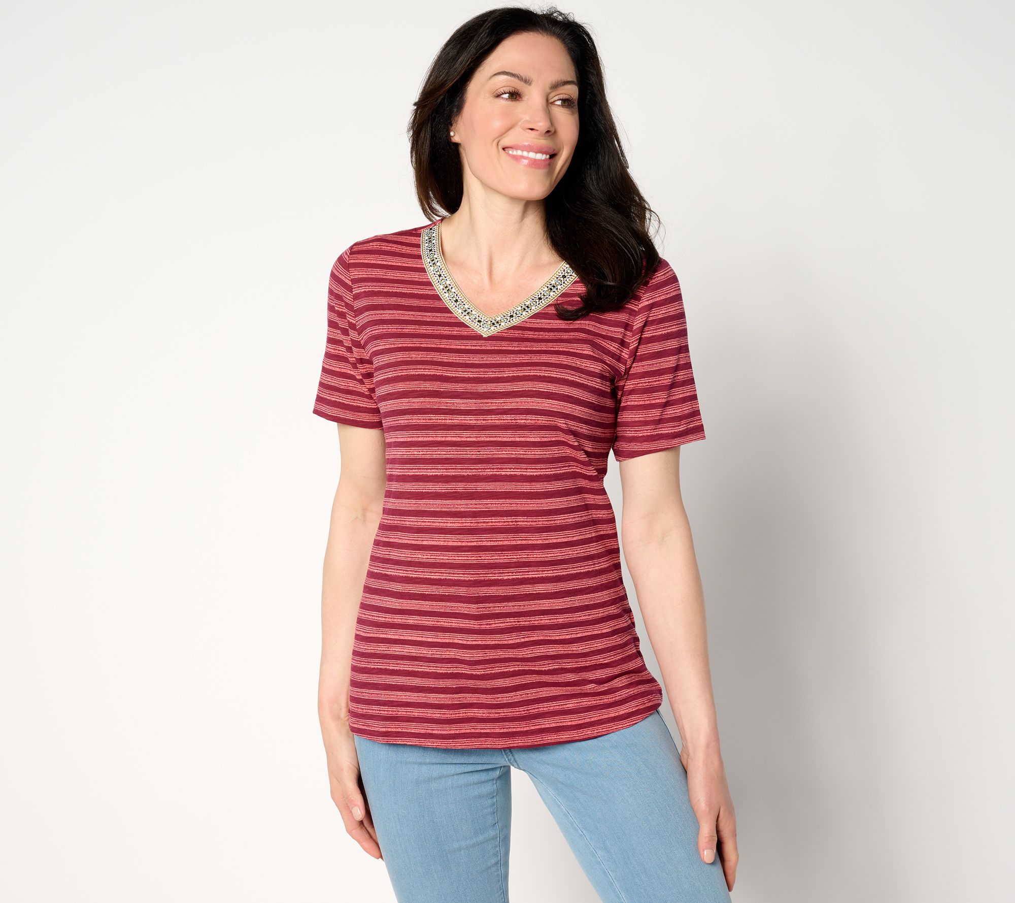 Denim & Co. Printed Texture Knit Embroidered V-Neck Top