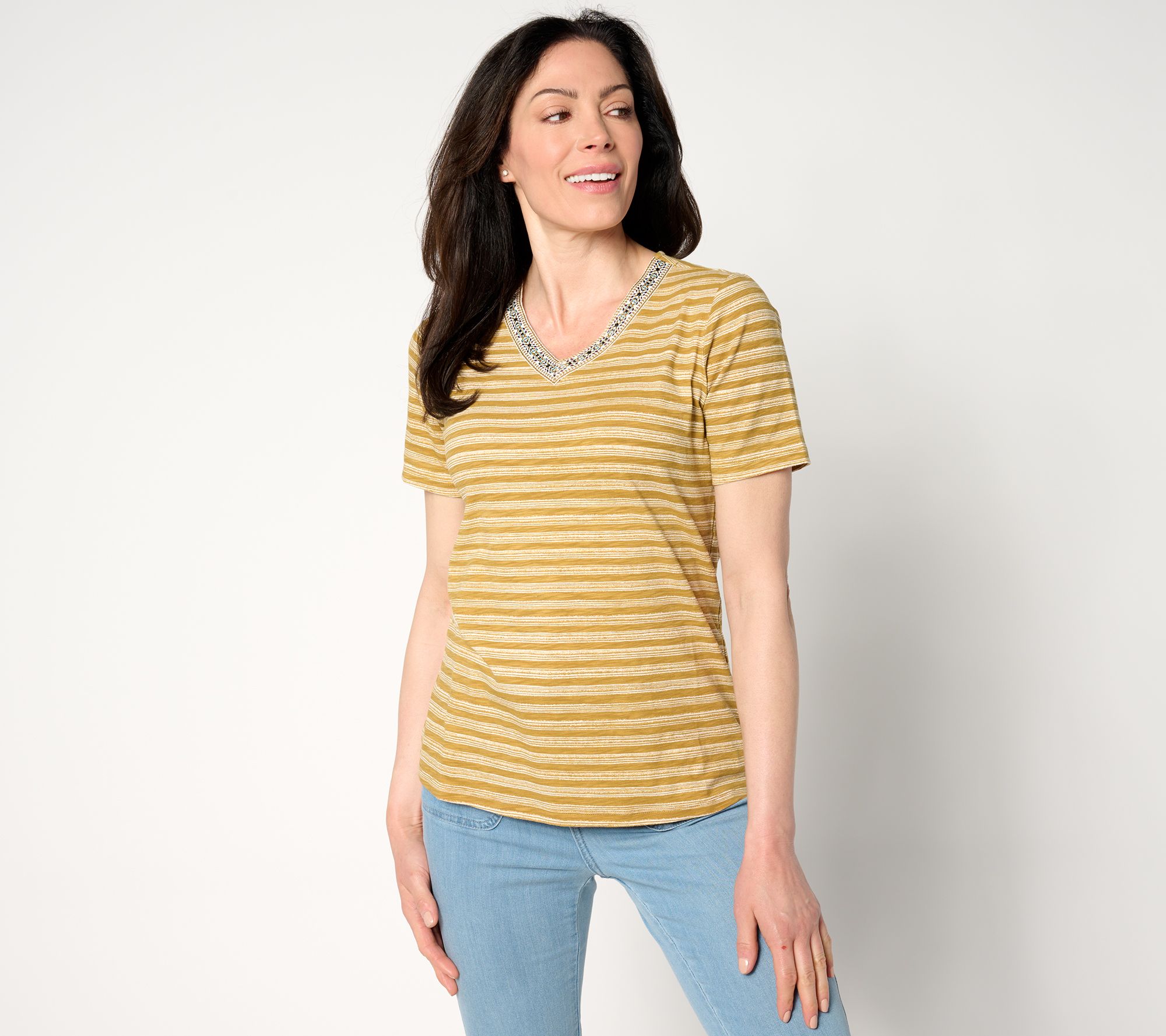 Denim & Co. Printed Texture Knit Embroidered V-Neck Top