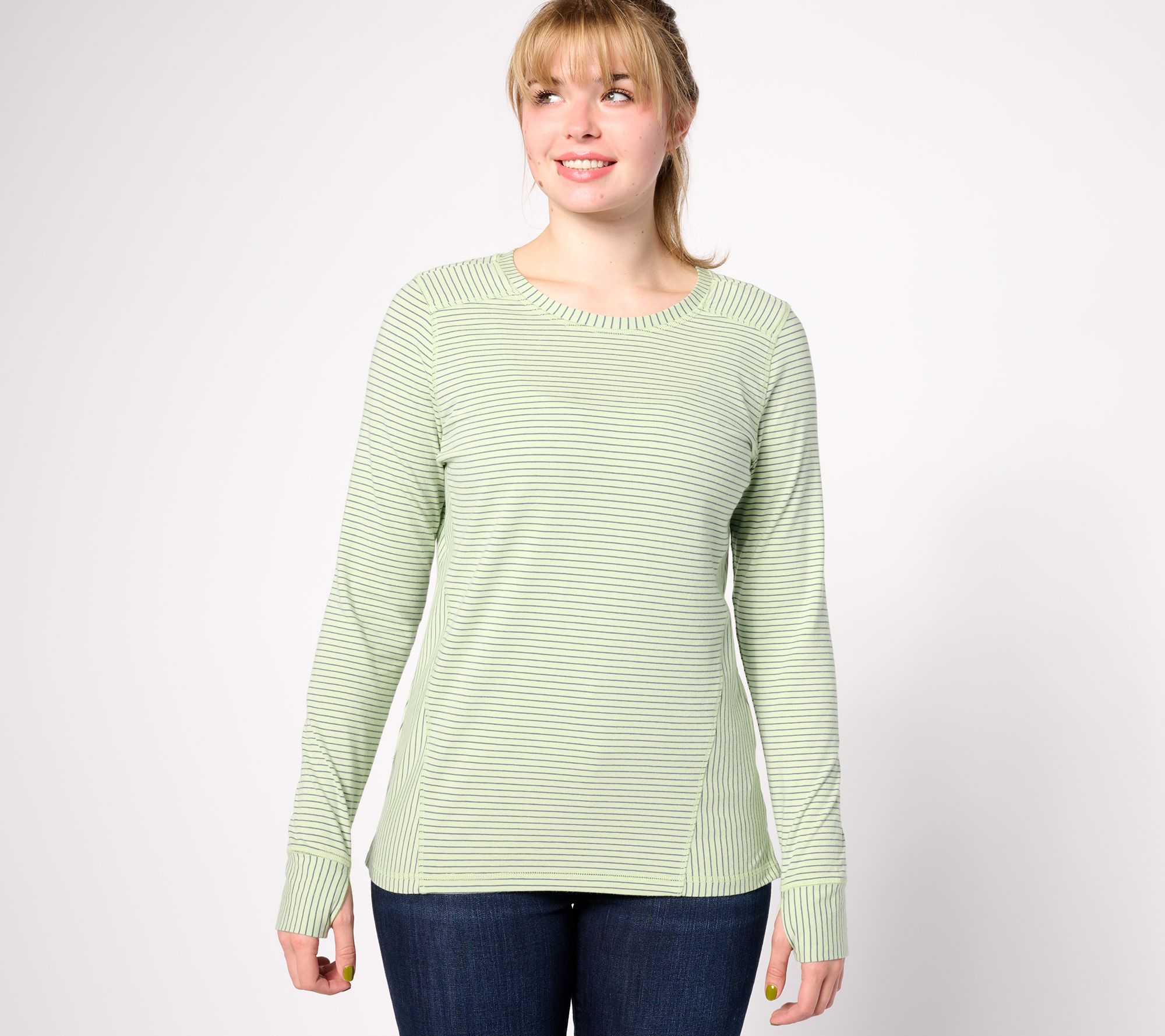 "As Is" Denim & Co. Active Jersey Striped Coverstitch Long Sleeve Top