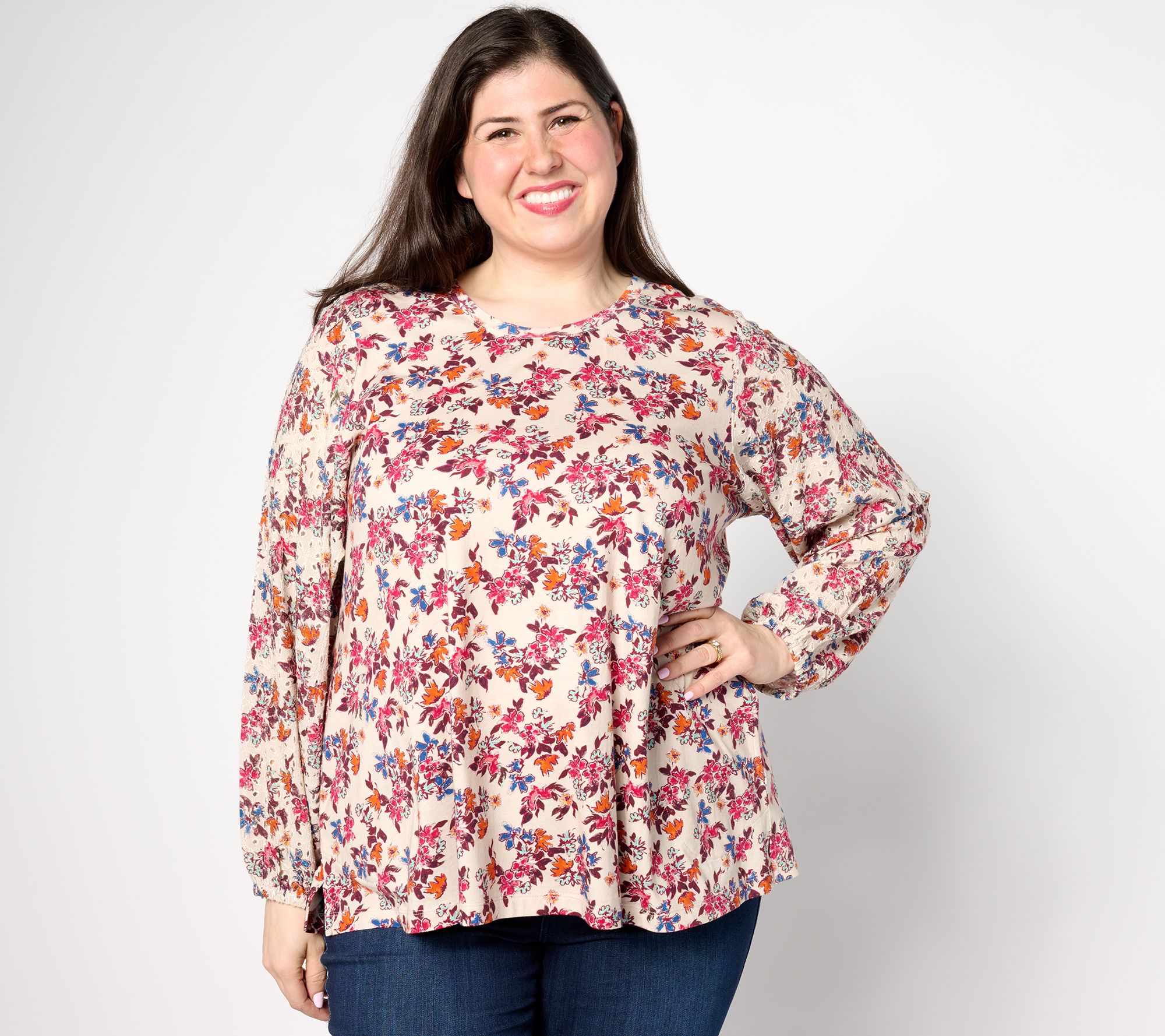 "As Is" LOGO by Lori Goldstein Long Sleeve Printed Eyelet Mix Top