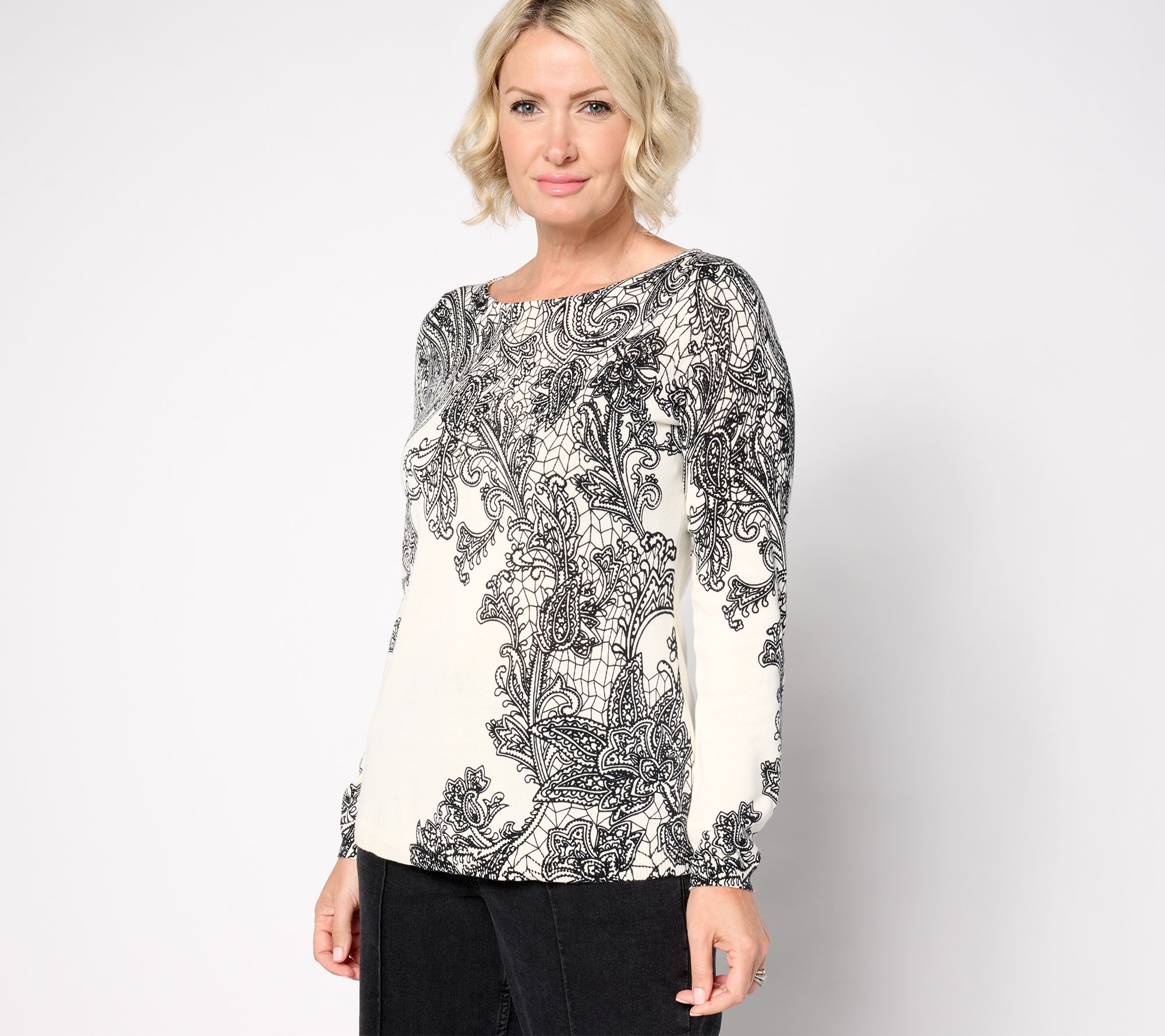 Susan Graver Printed Fine Gauge Sweater with Bateau Neck