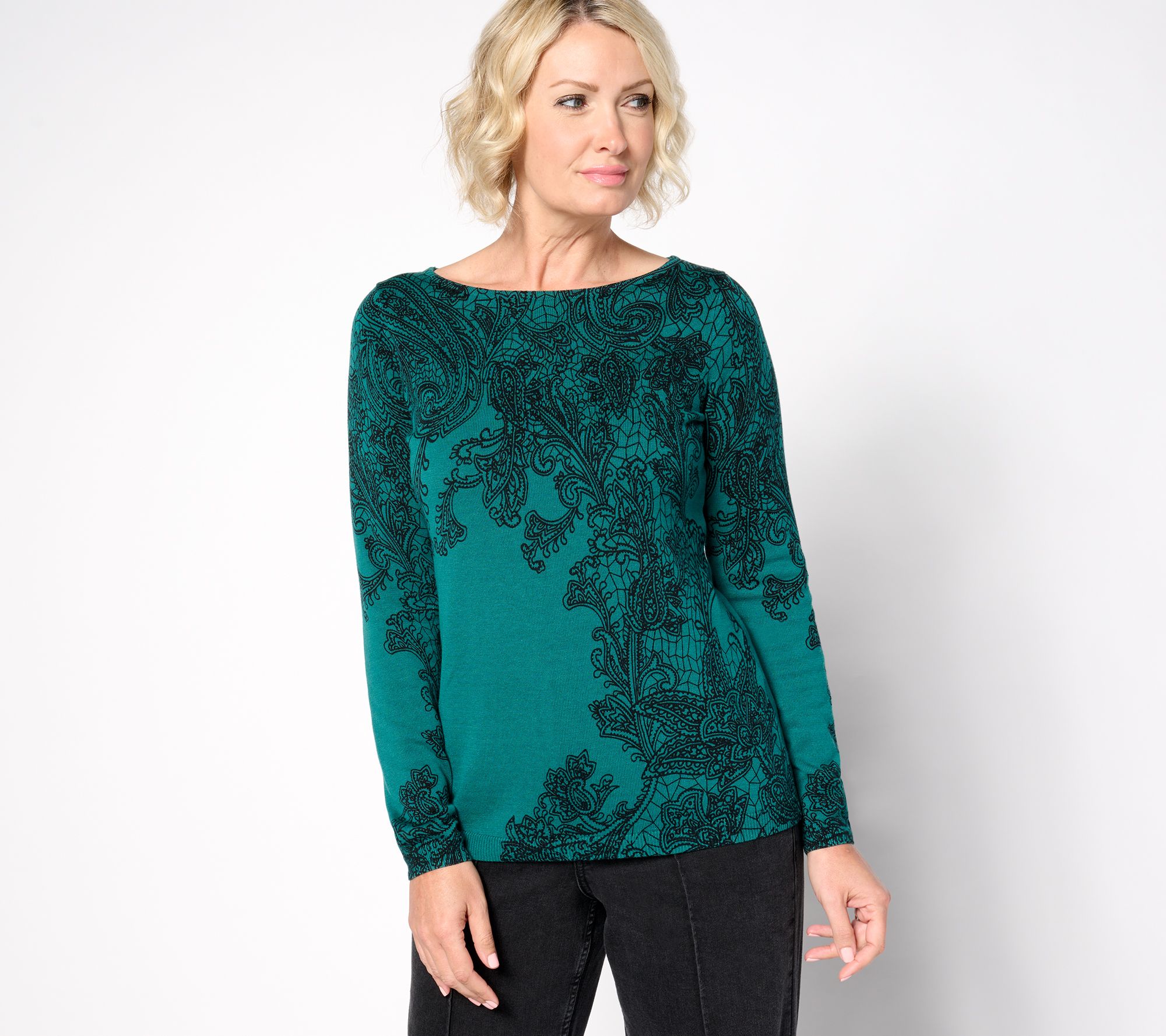 Susan Graver Printed Fine Gauge Sweater with Bateau Neck