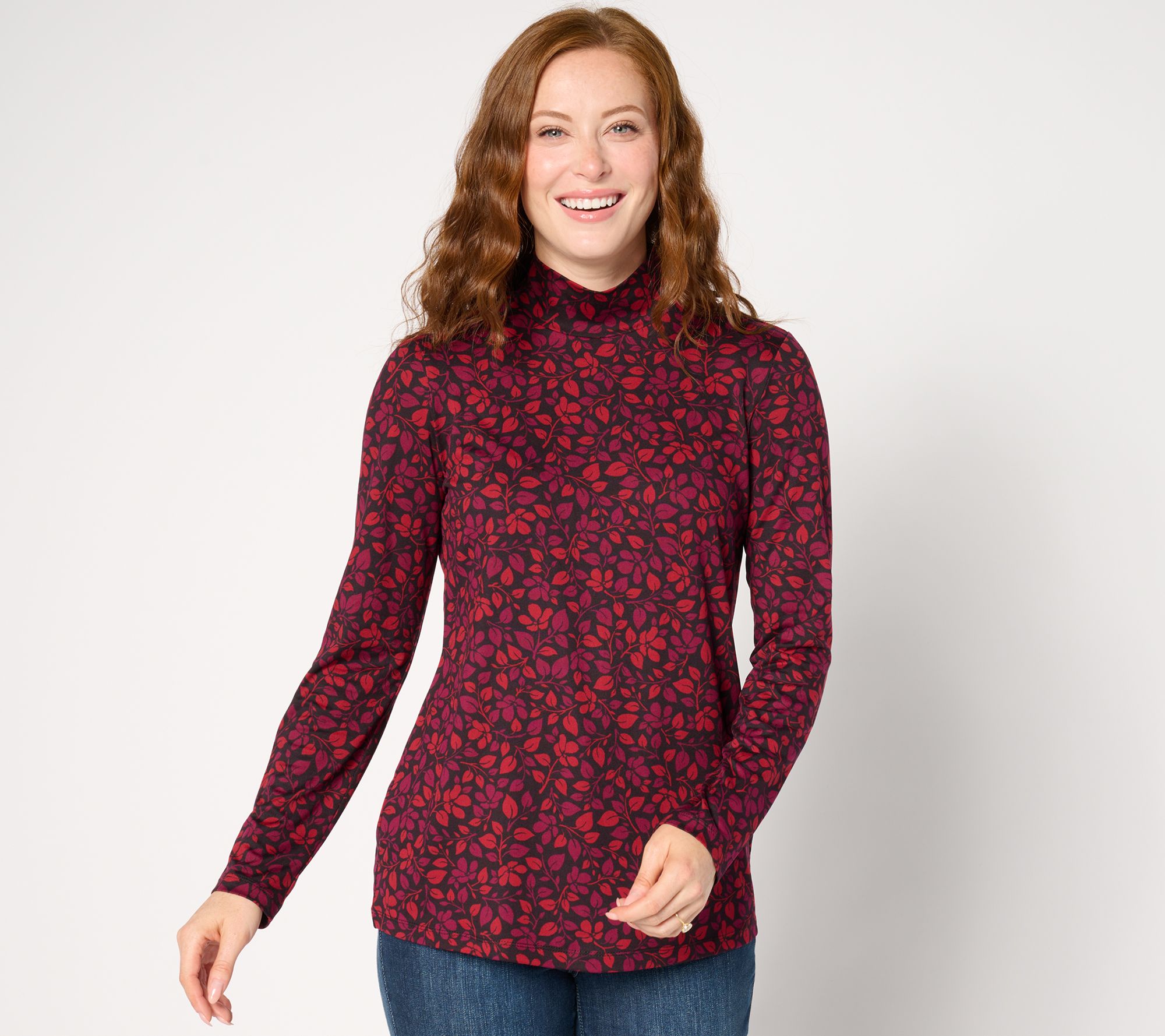 Susan Graver Printed Brushed Liquid Knit Mock-Neck Top
