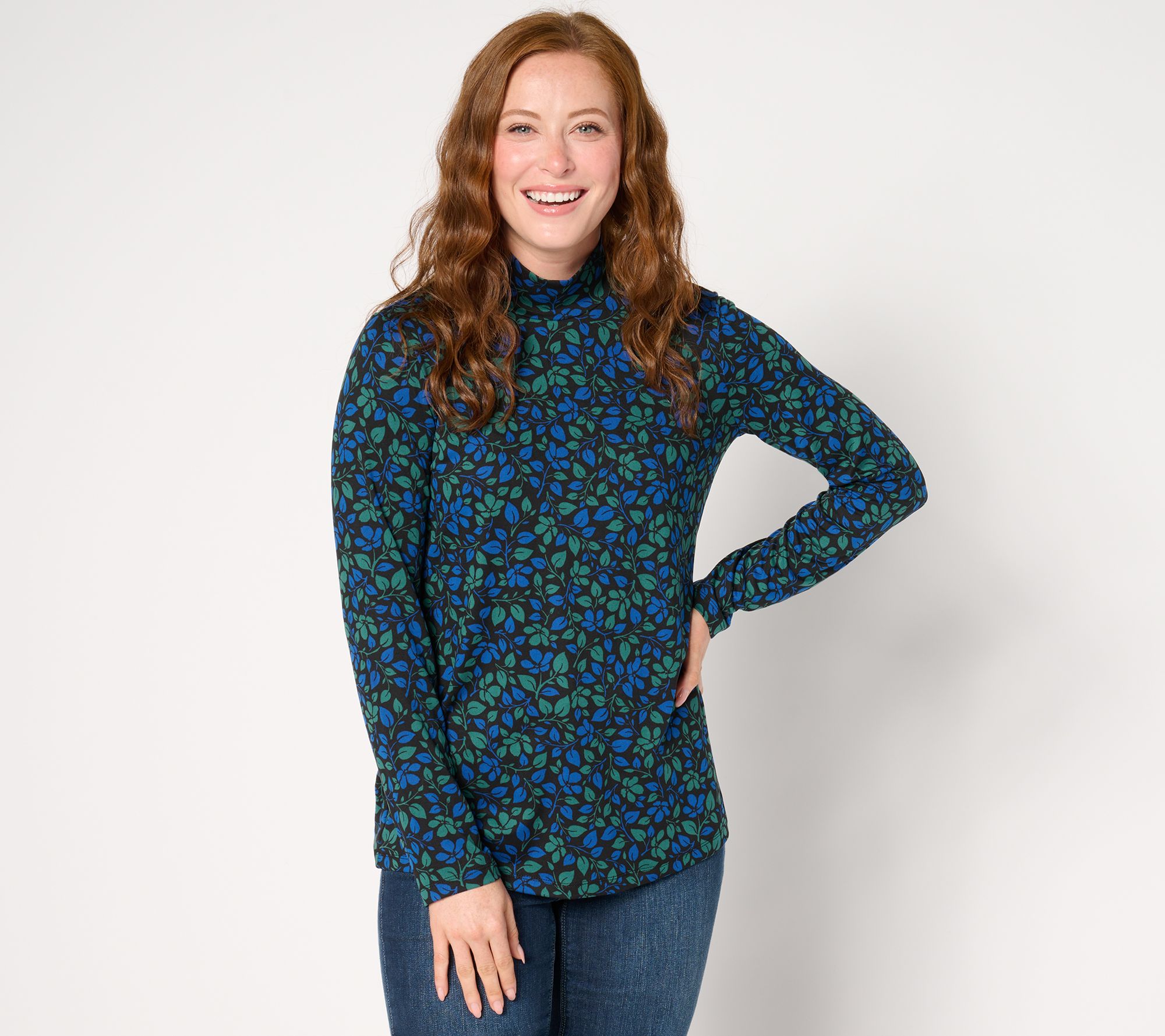 Susan Graver Printed Brushed Liquid Knit Mock-Neck Top