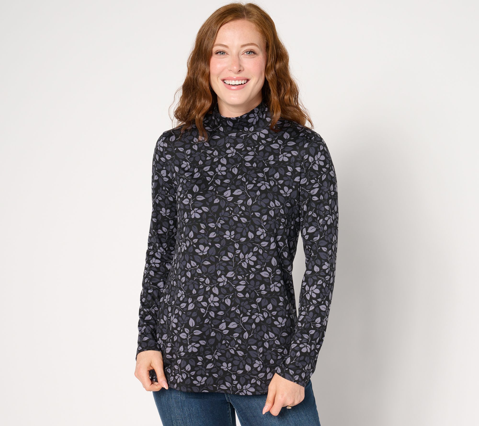 Susan Graver Printed Brushed Liquid Knit Mock-Neck Top