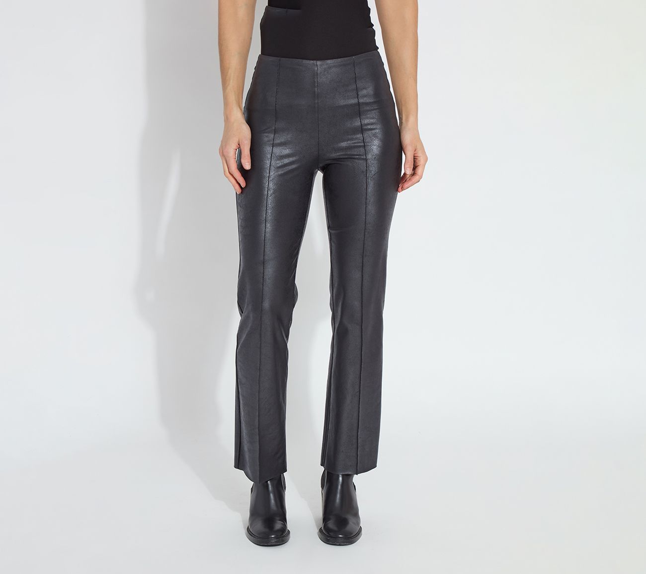 Elysse Foiled Vegan Leather Raw Hem Fit & Flare Pants