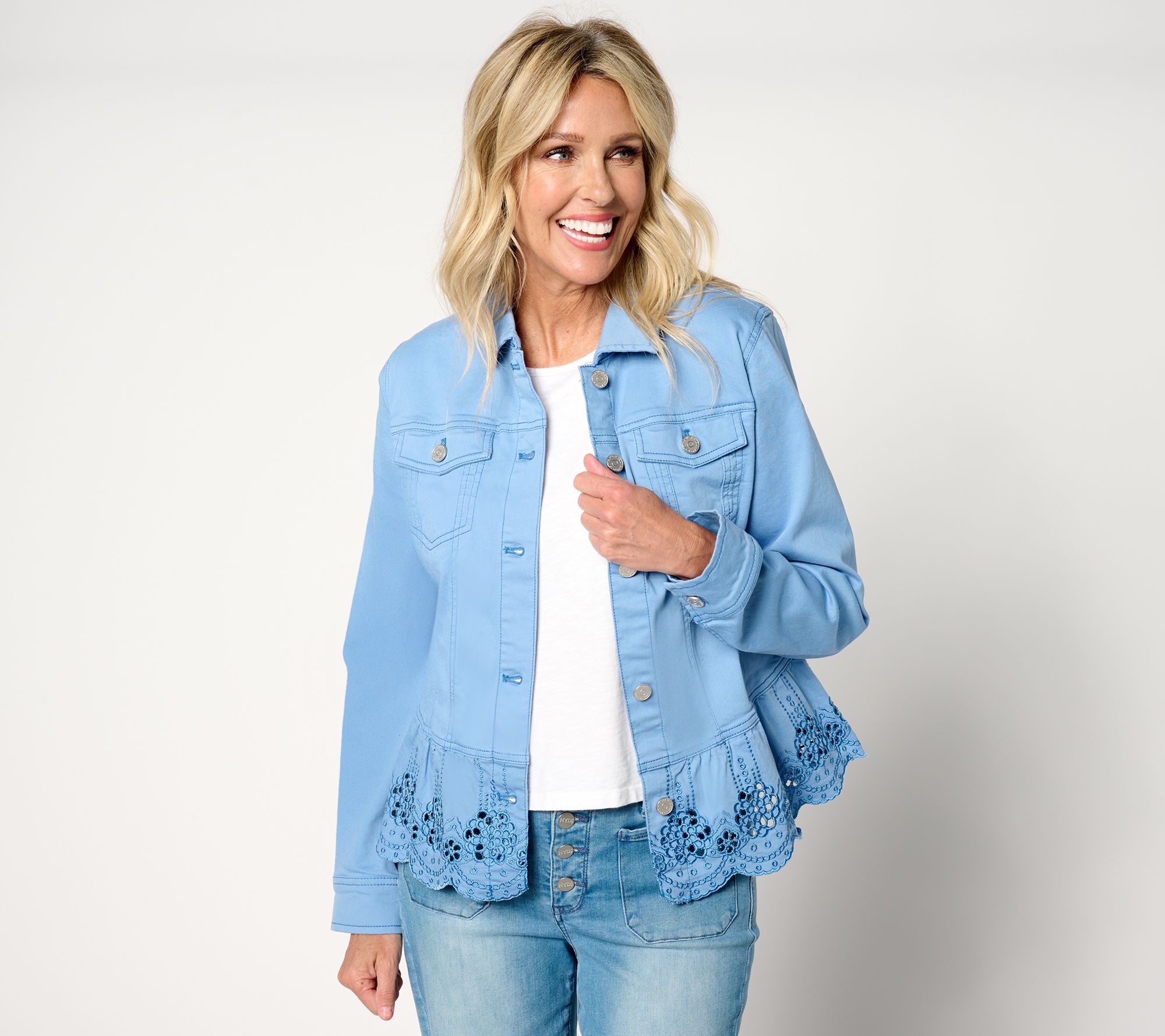 "As Is" Susan Graver Peplum Denim Jacket with Eyelet Hem