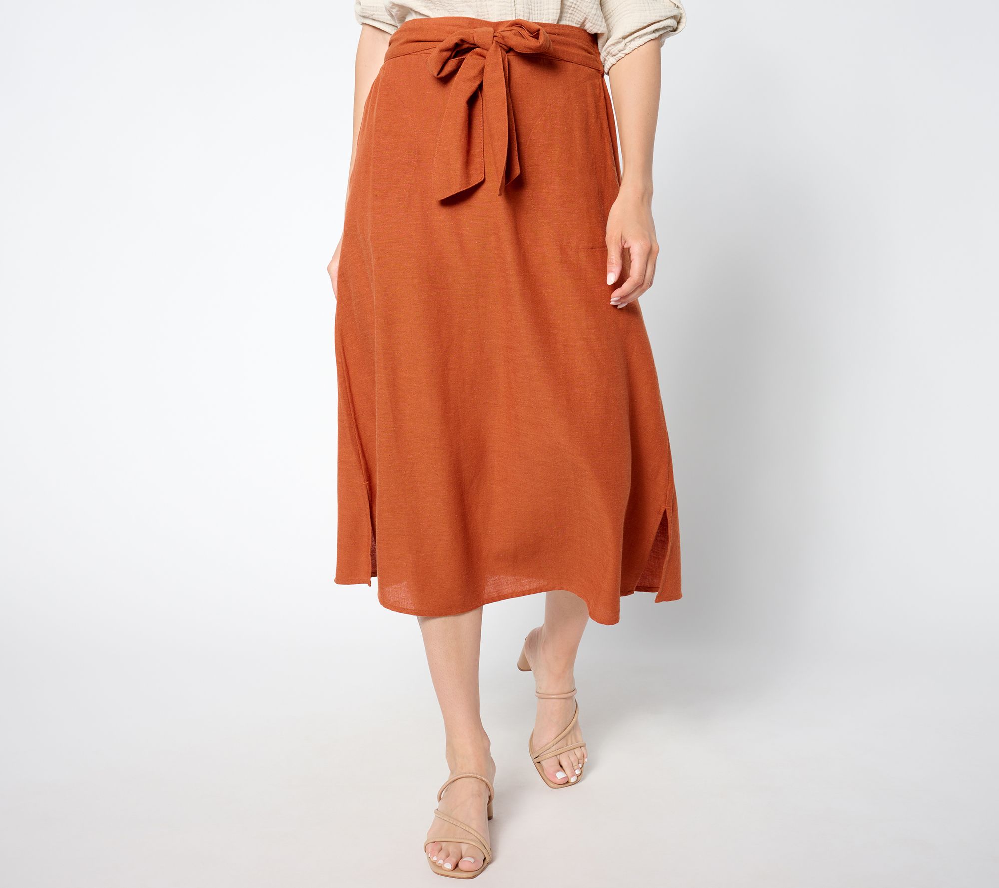 "As Is" Denim & Co. Regular Linen Blend Midi Skirt with Belt