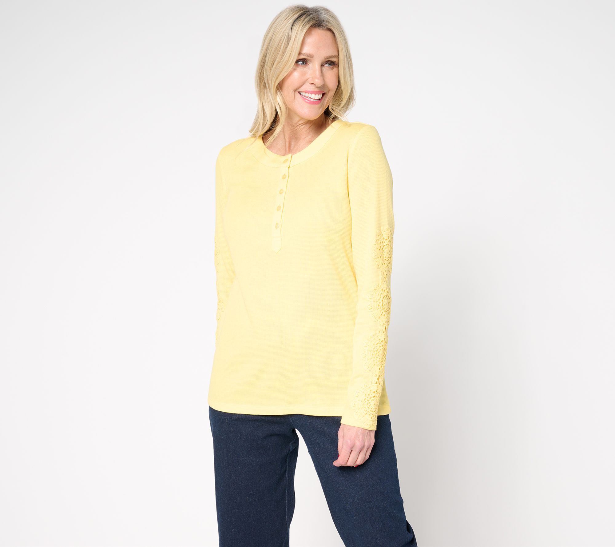 Denim & Co. Waffle Knit Button Henley Crochet Sleeve Top