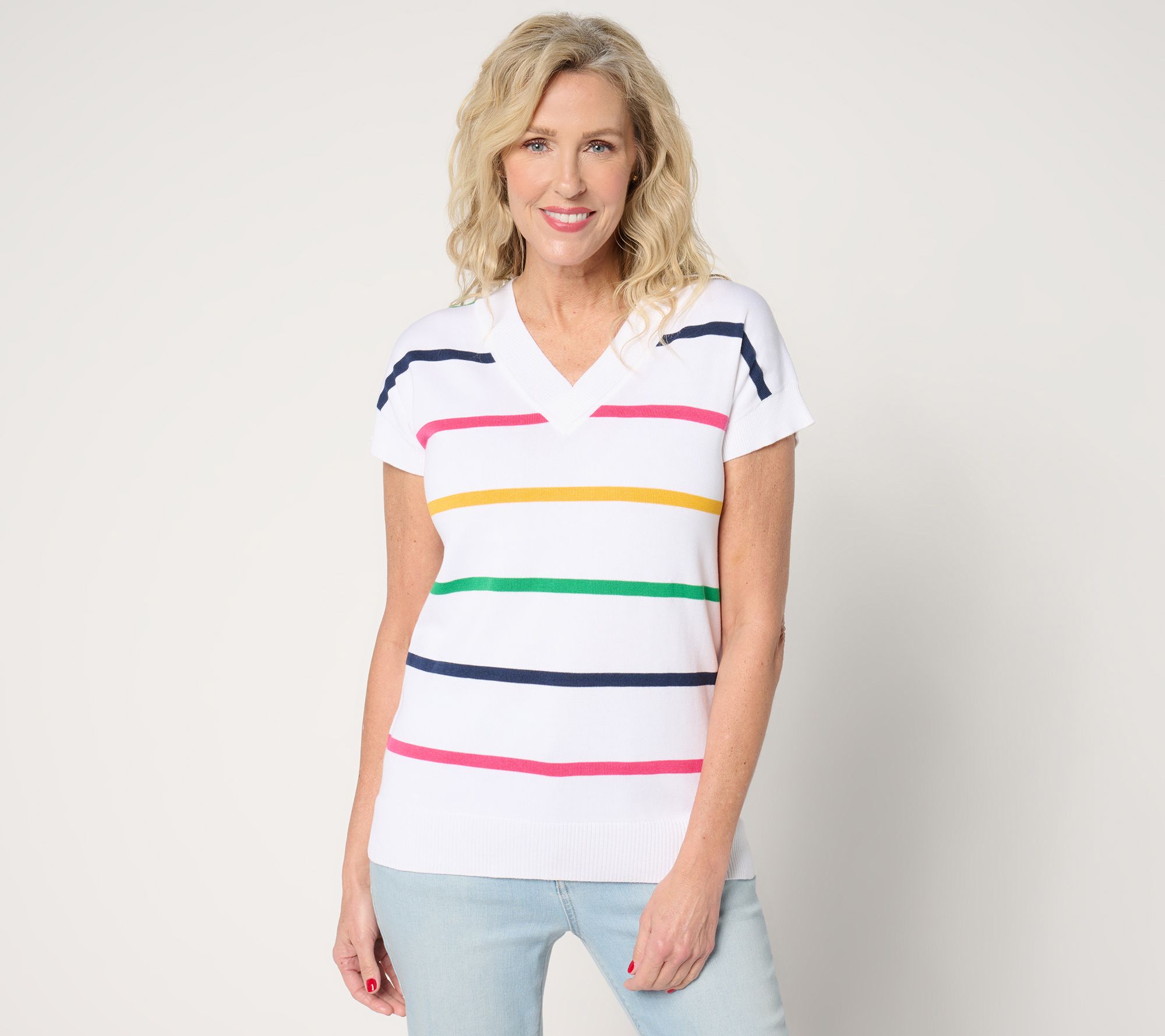 Belle by Kim Gravel Hyper Prep Multi Stripe V-Neck Sweater