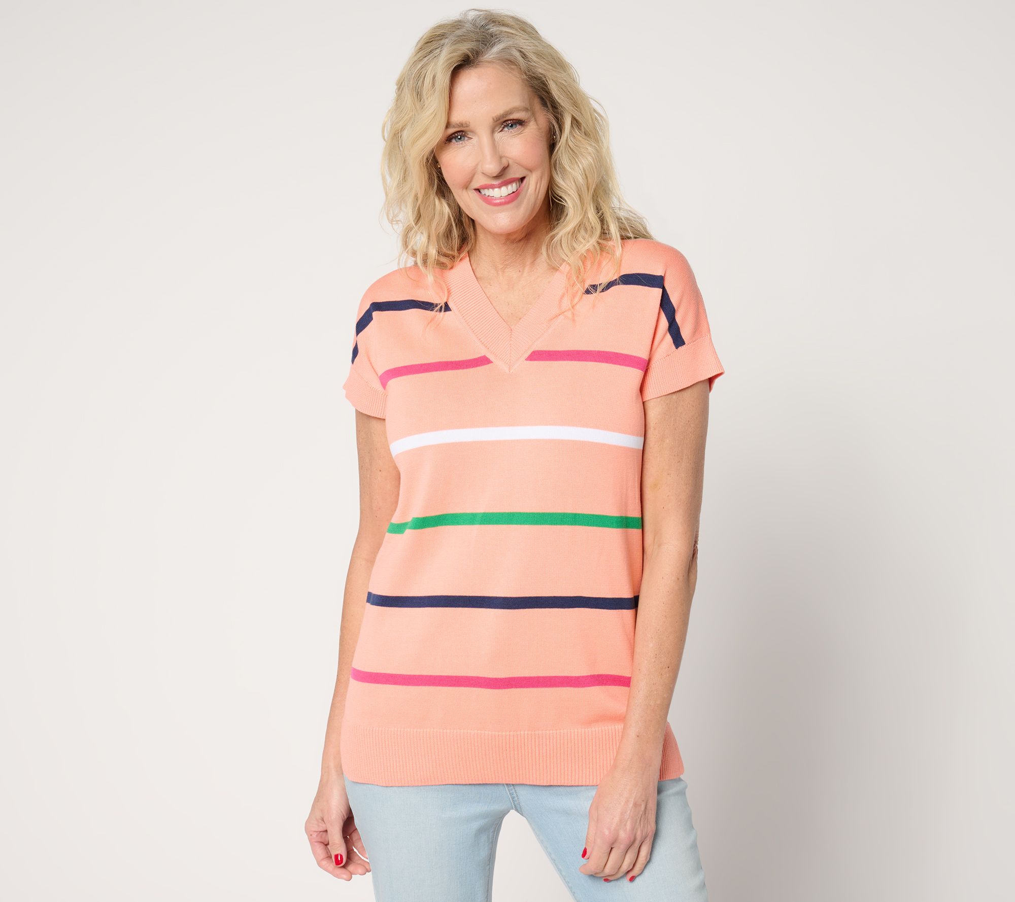 Belle by Kim Gravel Hyper Prep Multi Stripe V-Neck Sweater
