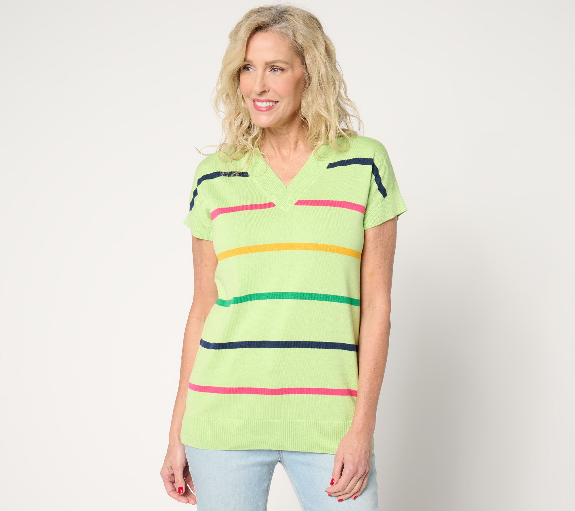 Belle by Kim Gravel Hyper Prep Multi Stripe V-Neck Sweater
