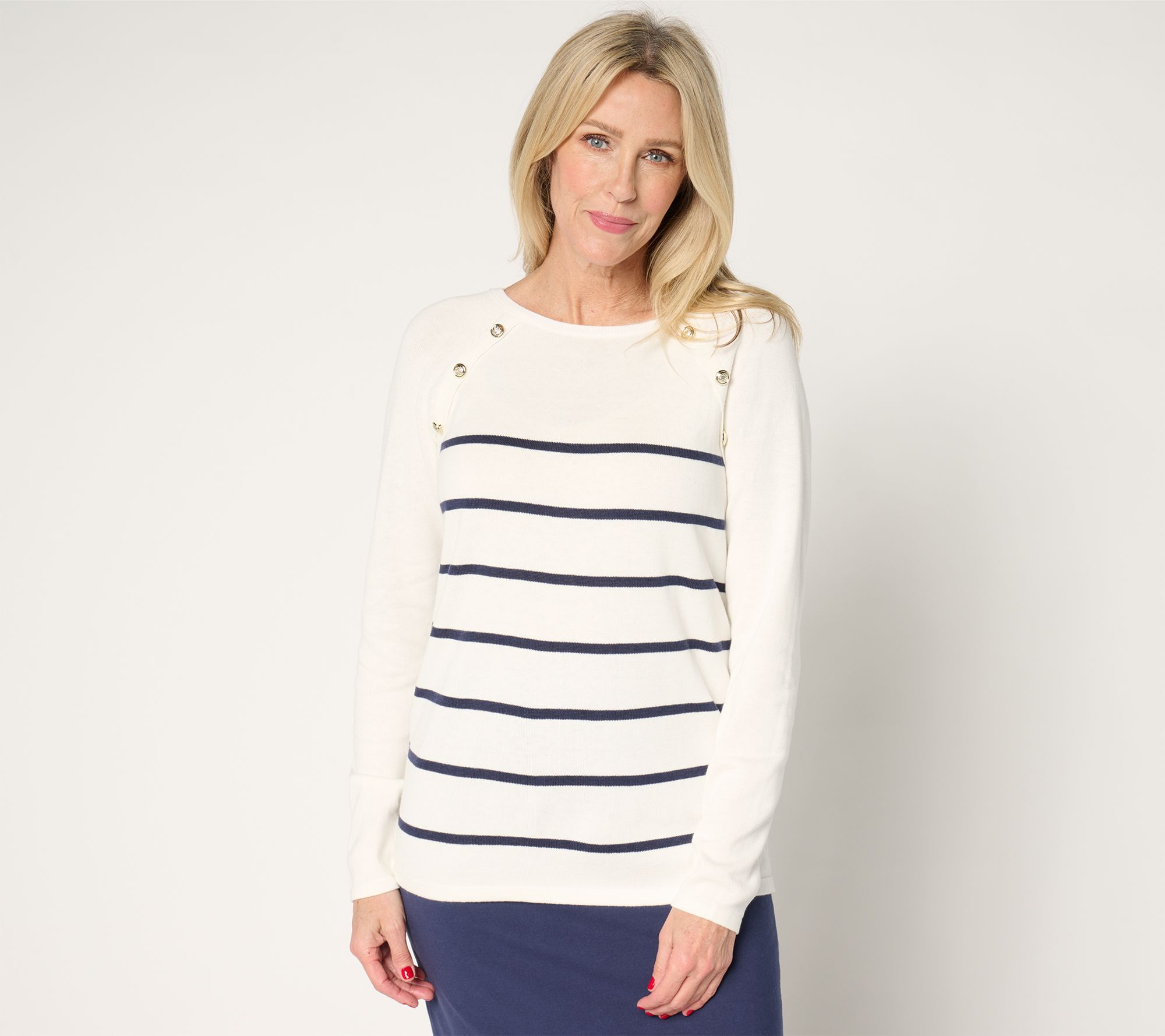 Belle by Kim Gravel Seaside Stripe Button Trim Sweater