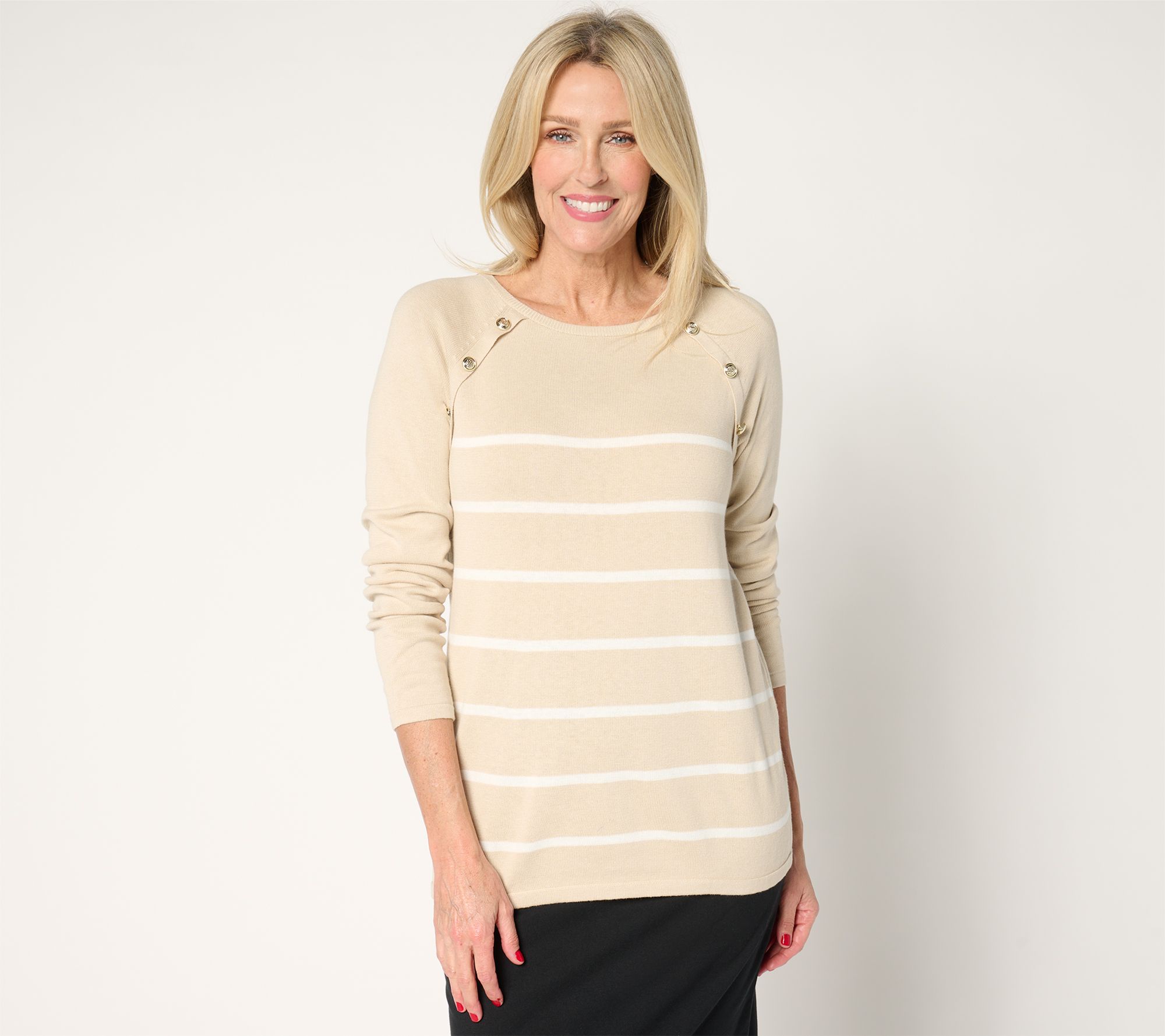 Belle by Kim Gravel Seaside Stripe Button Trim Sweater