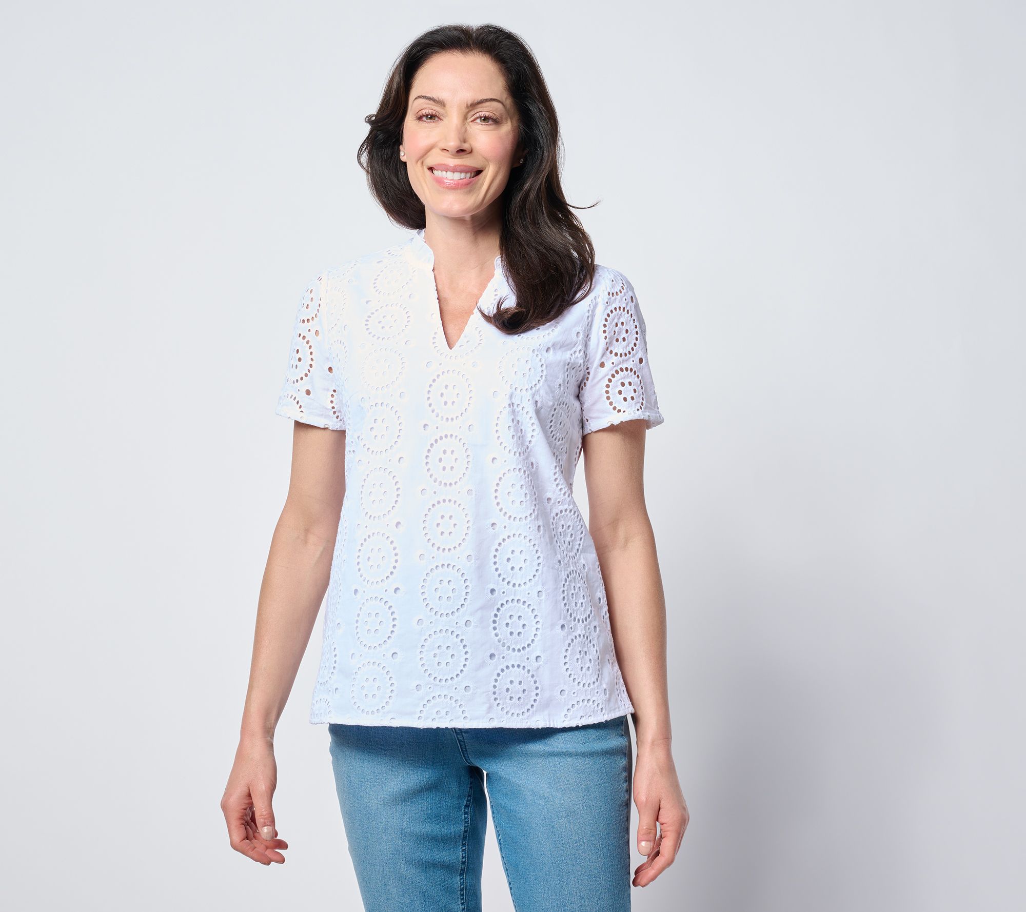 Belle by Kim Gravel Eyelet Front Knit Back Top