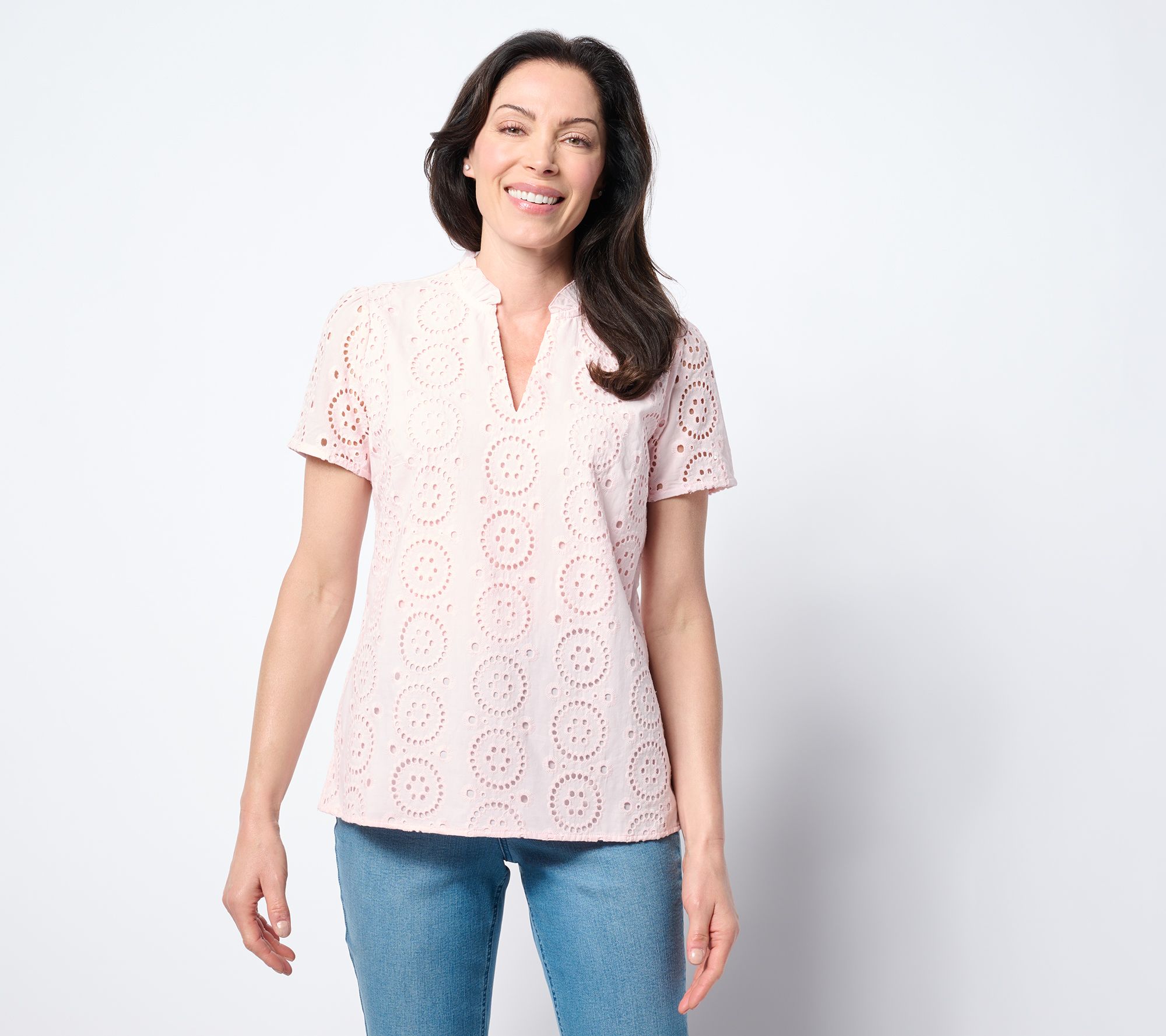 Belle by Kim Gravel Eyelet Front Knit Back Top