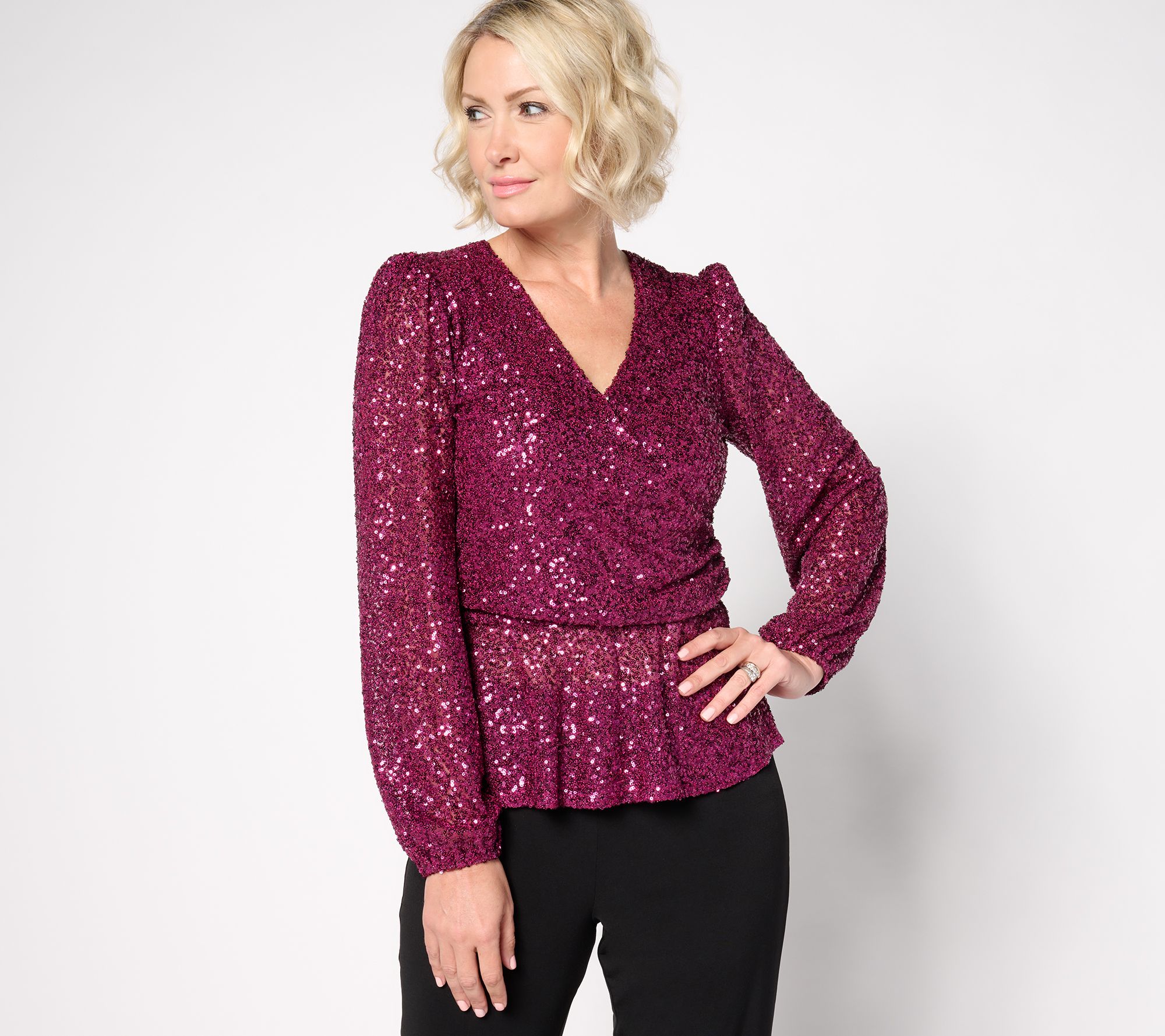 "As Is" Susan Graver Occasions Sequin Faux Wrap Top