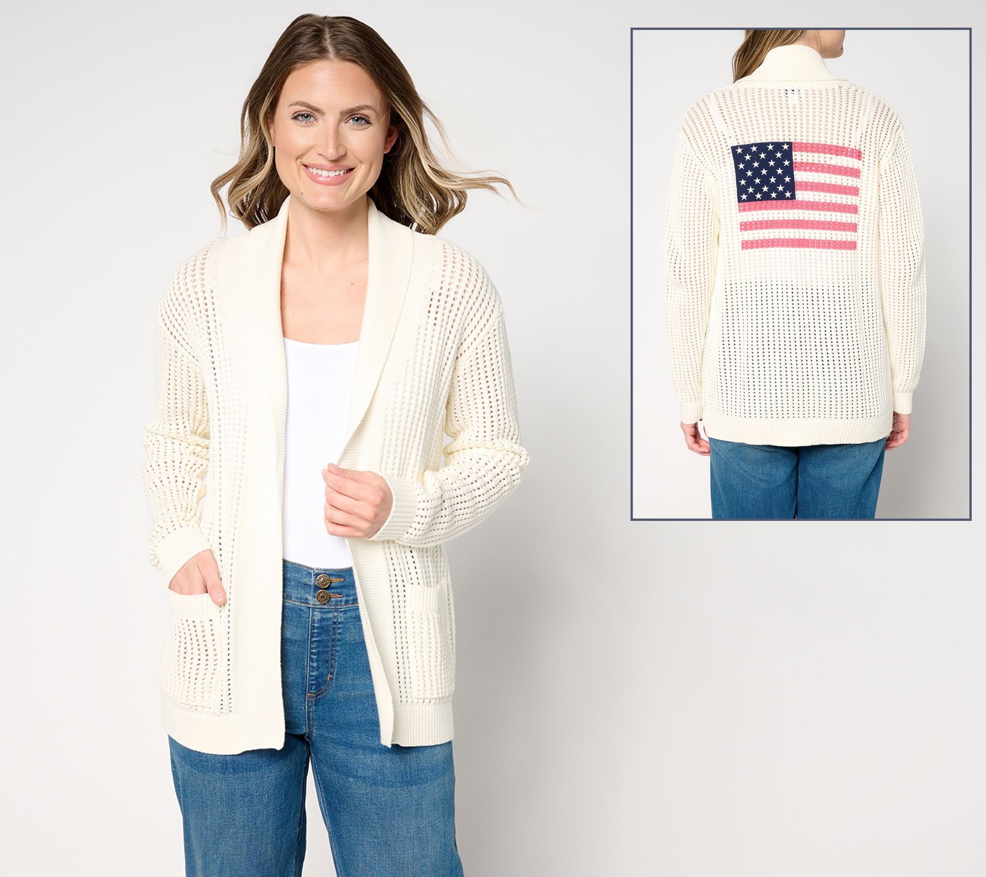 Joan Rivers 100% Cotton Open Knit Crochet Flag Cardigan