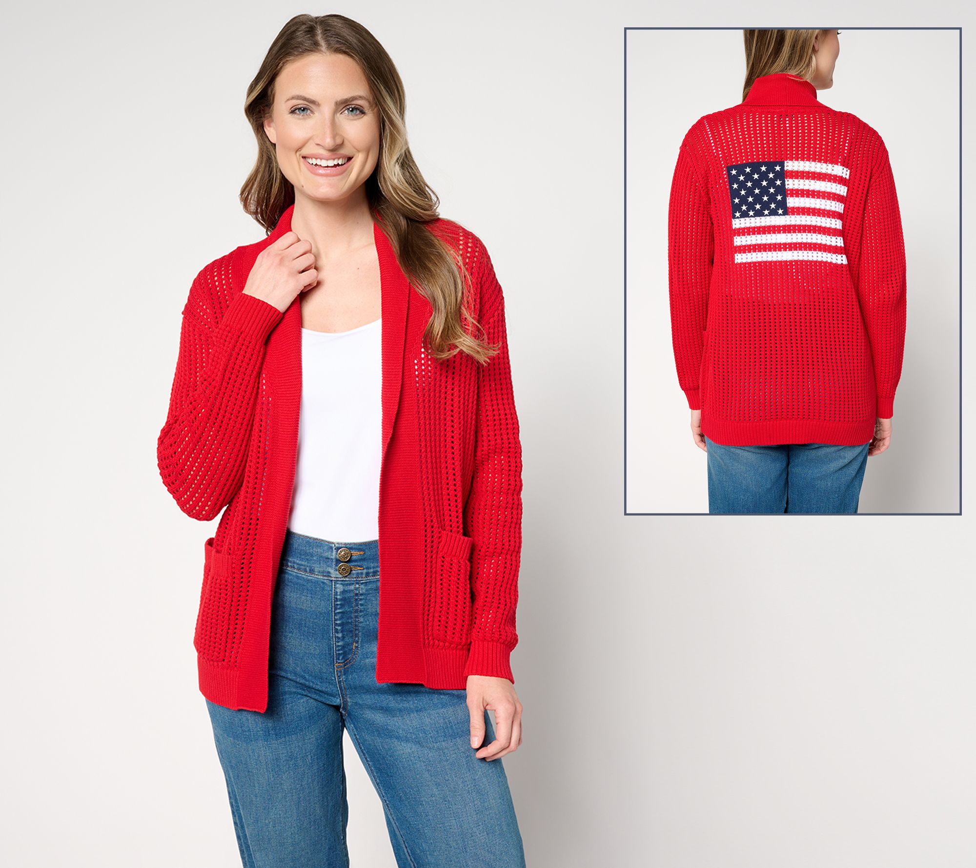 Joan Rivers 100% Cotton Open Knit Crochet Flag Cardigan