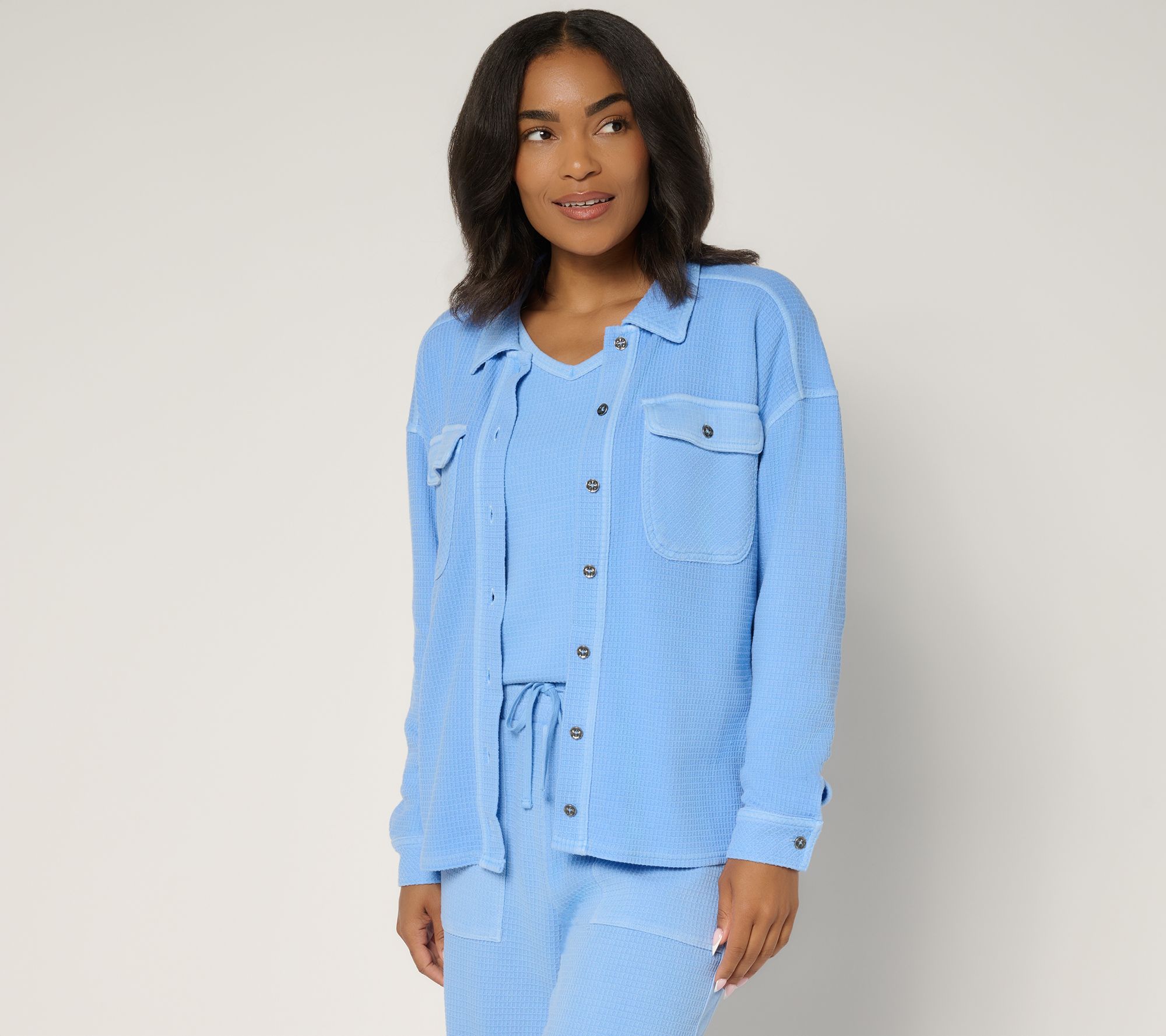 AnyBody Washed Waffle Knit Button Front Top