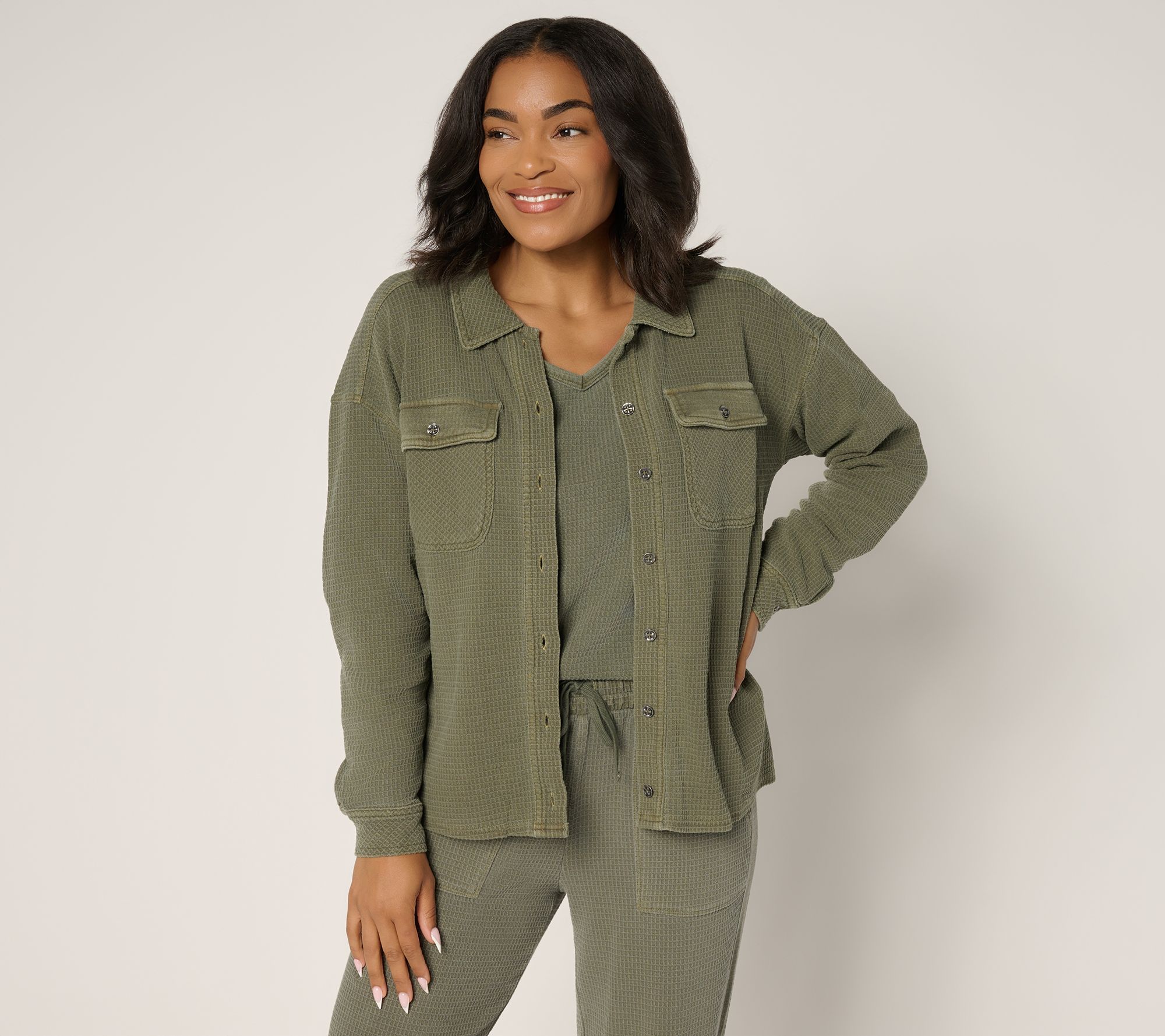 AnyBody Washed Waffle Knit Button Front Top