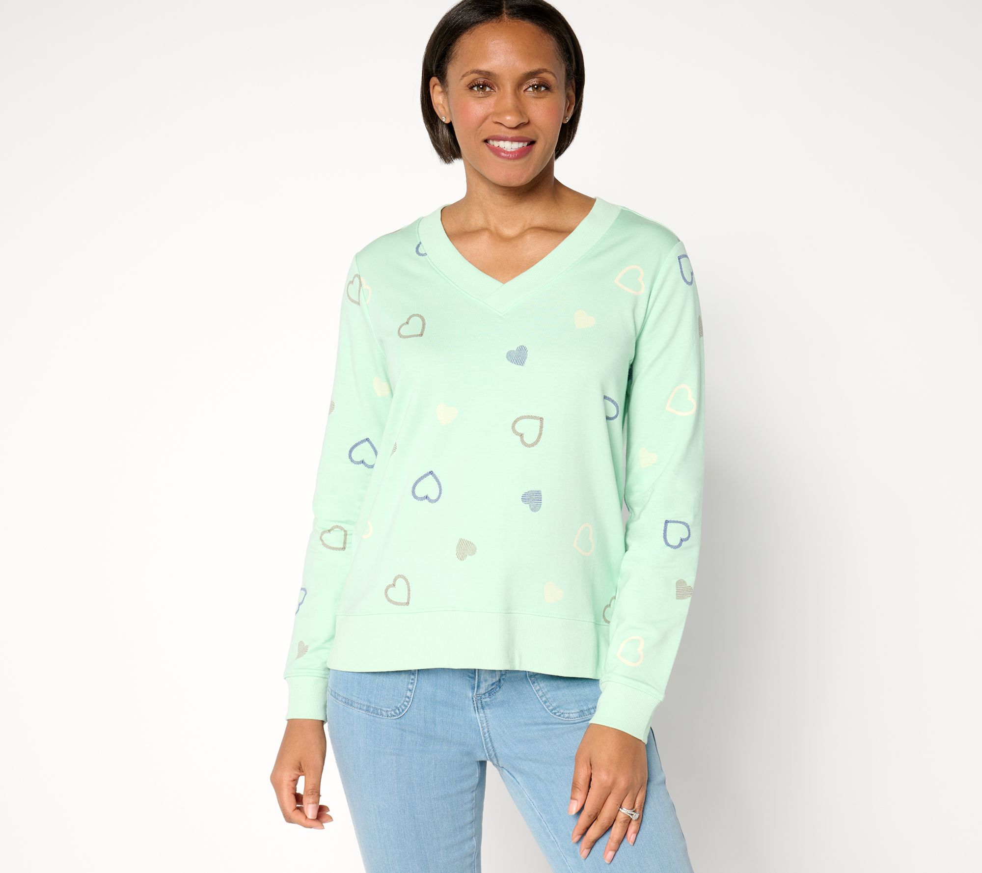 "As Is" AnyBody Cozy Knit French Terry Heart Printed Pullover