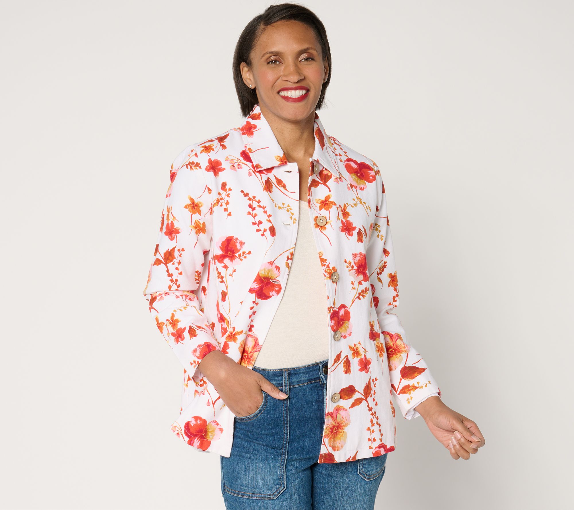 "As Is" Susan Graver Petite Printed Cotton Button Front Swing Jacket