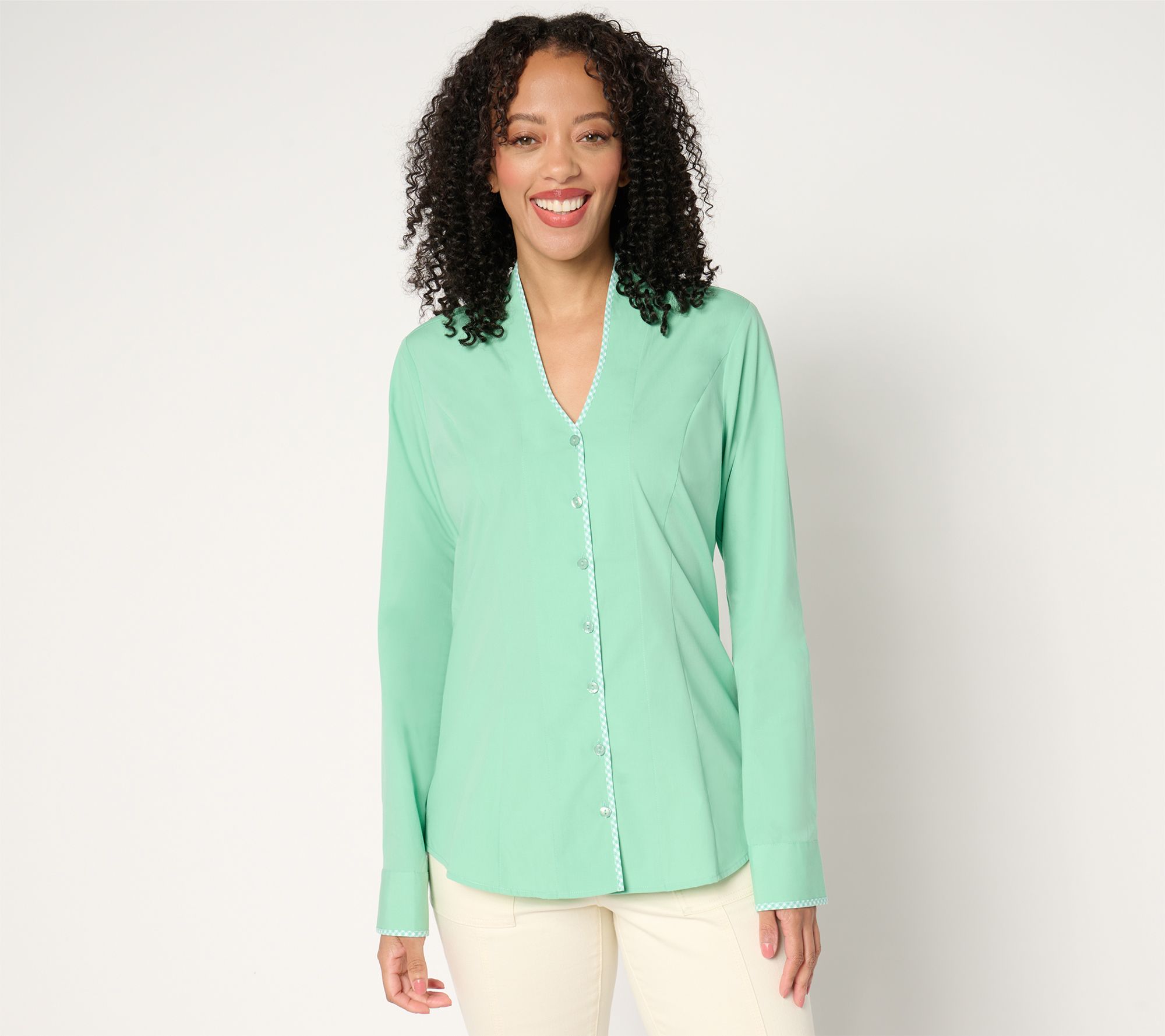 "As Is" Isaac Mizrahi Live! Stretch Poplin Shirt with Gingham Detail
