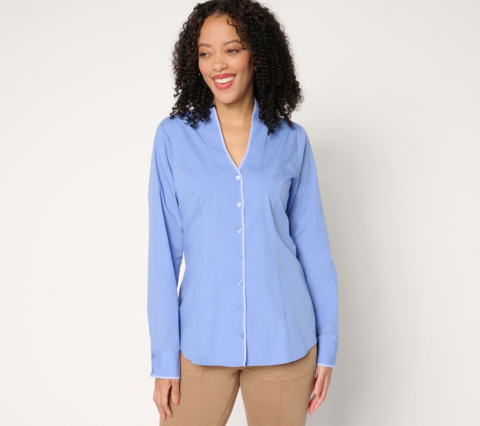 "As Is" Isaac Mizrahi Live! Stretch Poplin Shirt with Gingham Detail