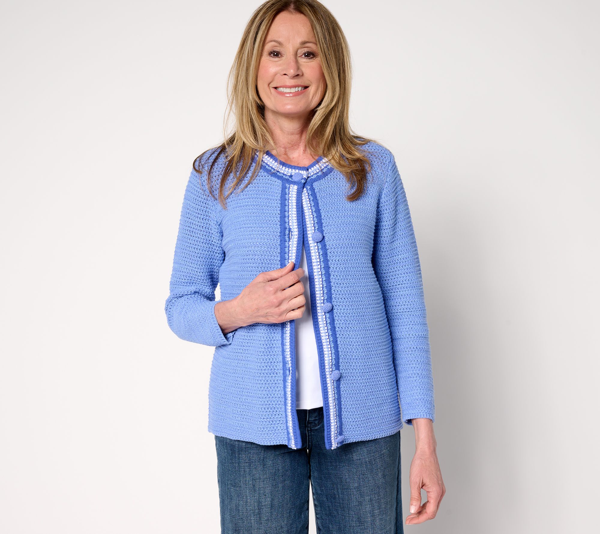 "As Is" Isaac Mizrahi Live! Crochet Trim Button Front Cotton Cardigan