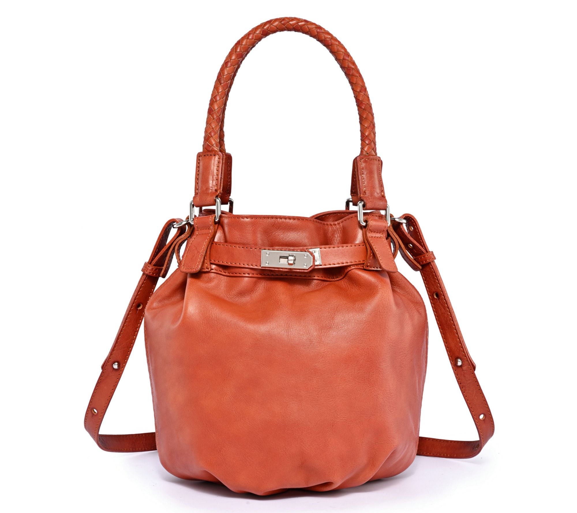 Old Trend Pumpkin Leather Bucket Bag with Crossbody Strap