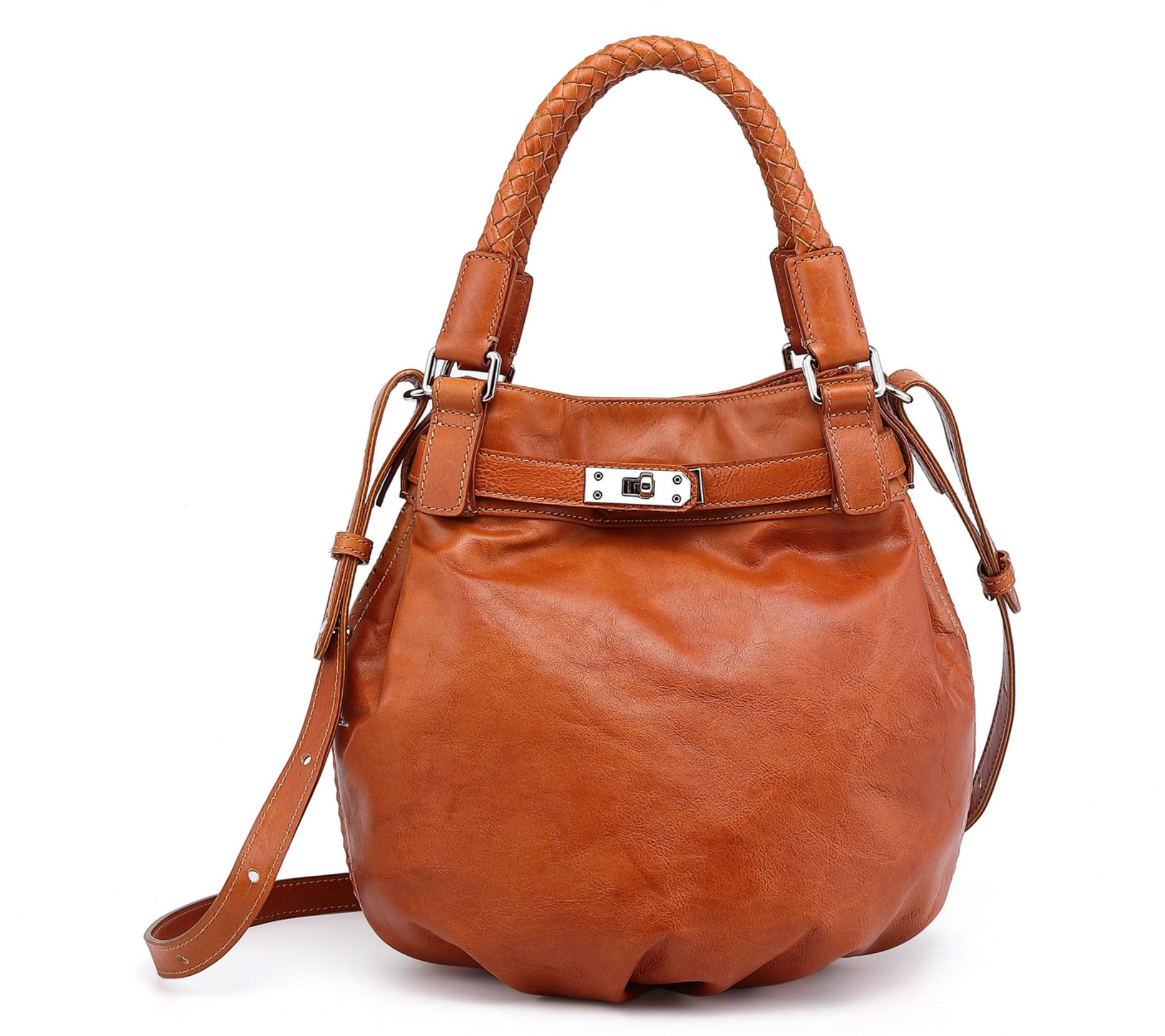 Old Trend Pumpkin Leather Bucket Bag with Crossbody Strap